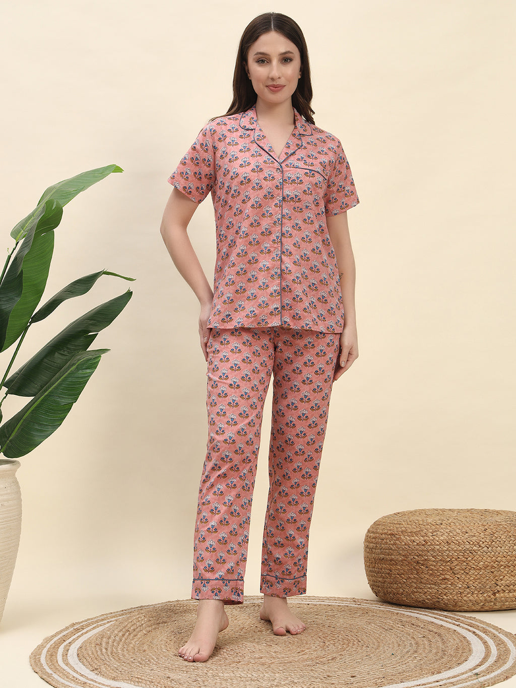 Handblock-Inspired Floral Buta Printed Pure Cotton Nightsuit Set in Peach by Ameerah