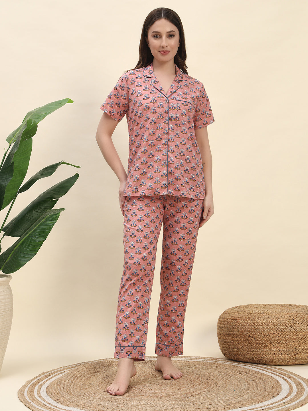 Handblock-Inspired Floral Buta Printed Pure Cotton Nightsuit Set in Peach by Ameerah