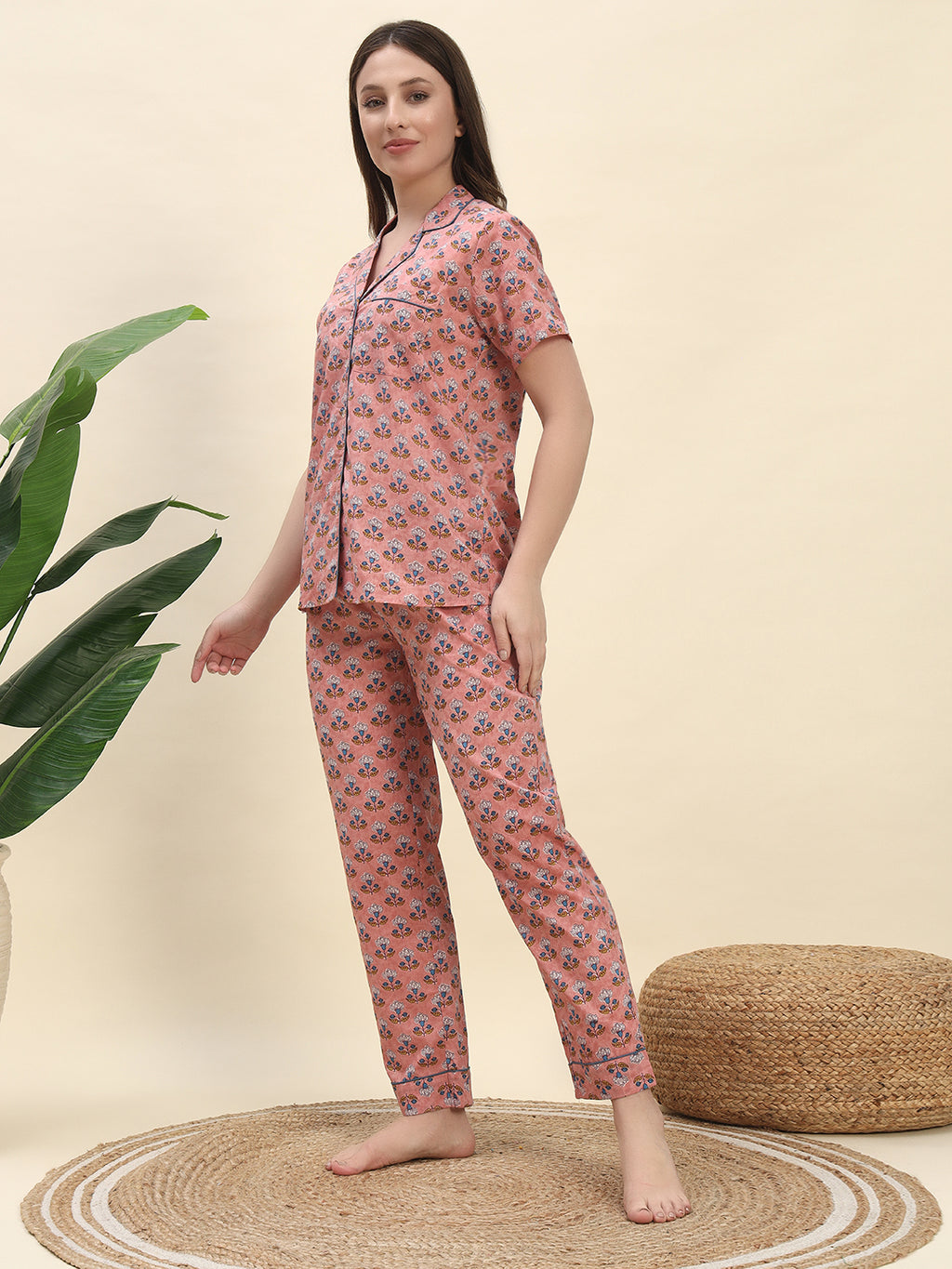 Handblock-Inspired Floral Buta Printed Pure Cotton Nightsuit Set in Peach by Ameerah