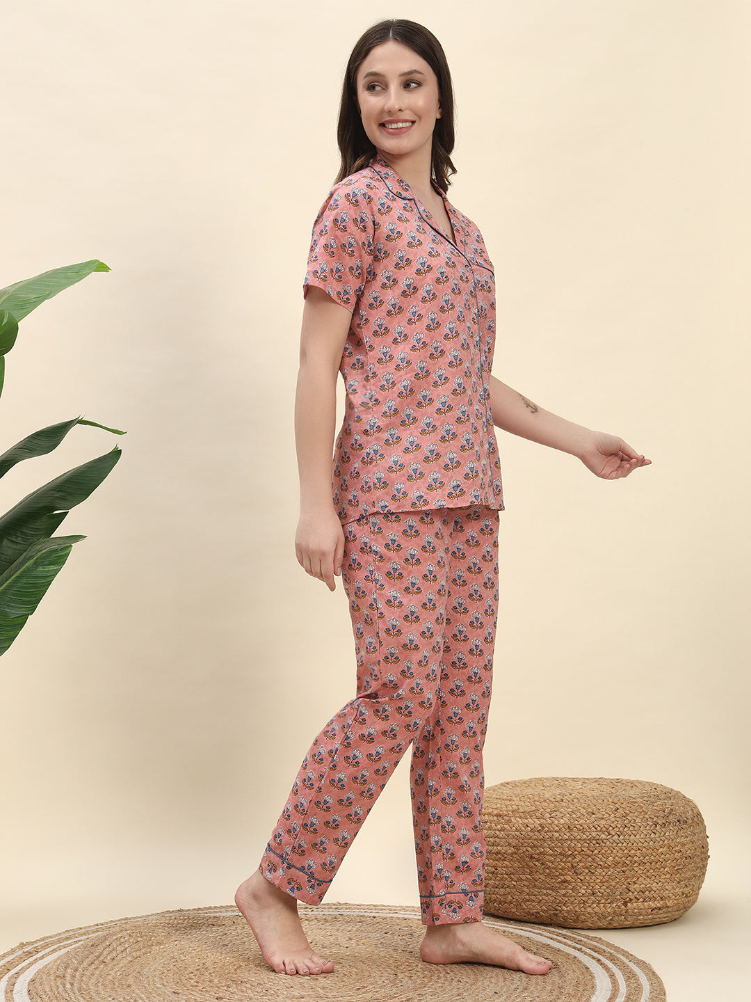 Handblock-Inspired Floral Buta Printed Pure Cotton Nightsuit Set in Peach by Ameerah