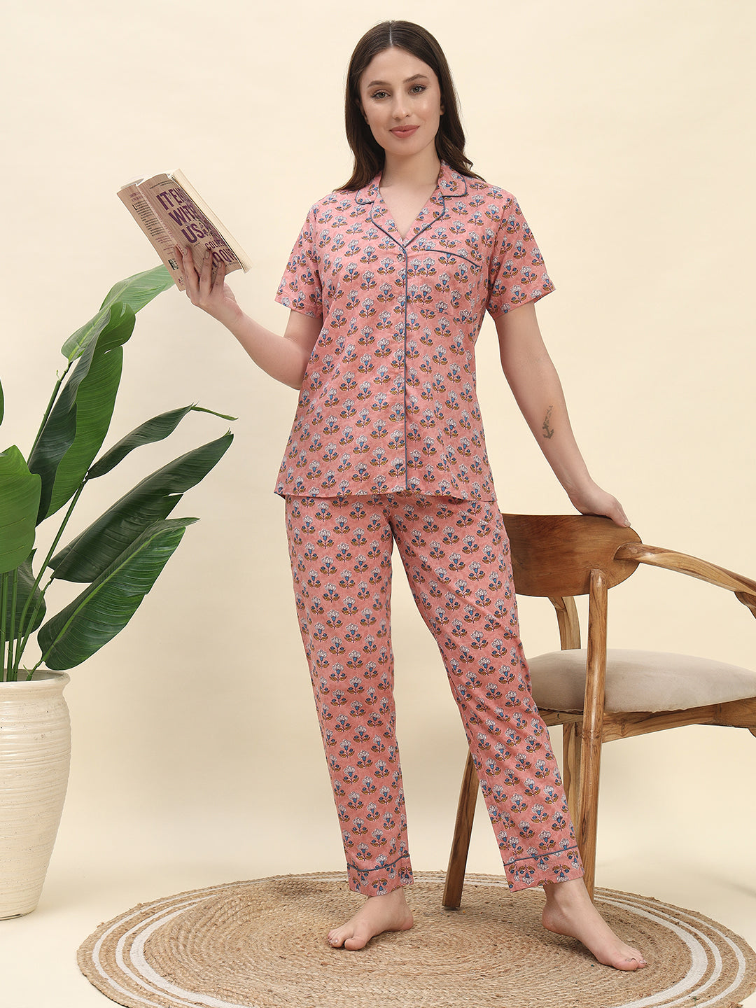 Handblock-Inspired Floral Buta Printed Pure Cotton Nightsuit Set in Peach by Ameerah