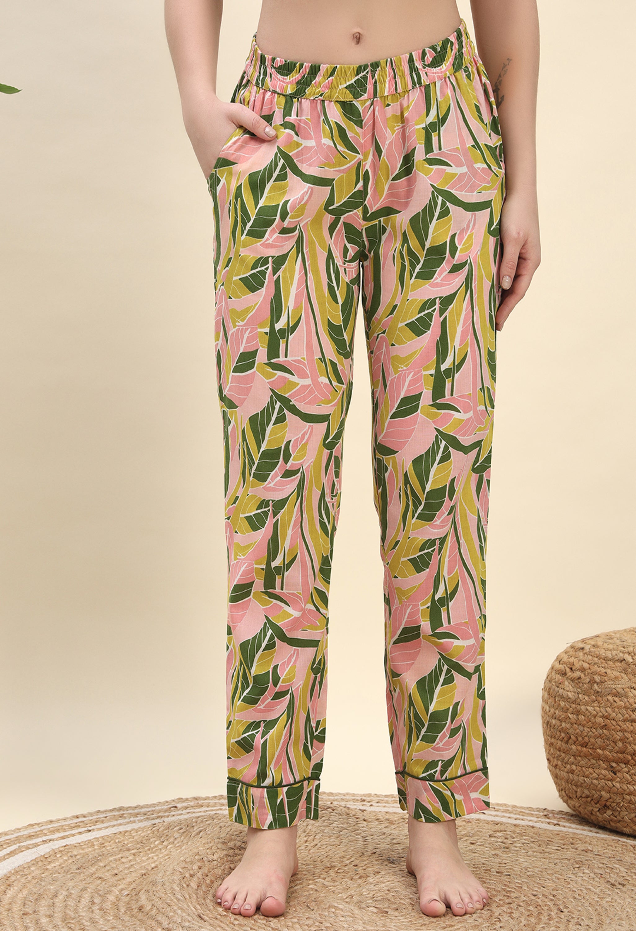 Tropical Leaf Printed Pure Cotton Nightsuit Set in Peach by Ameerah