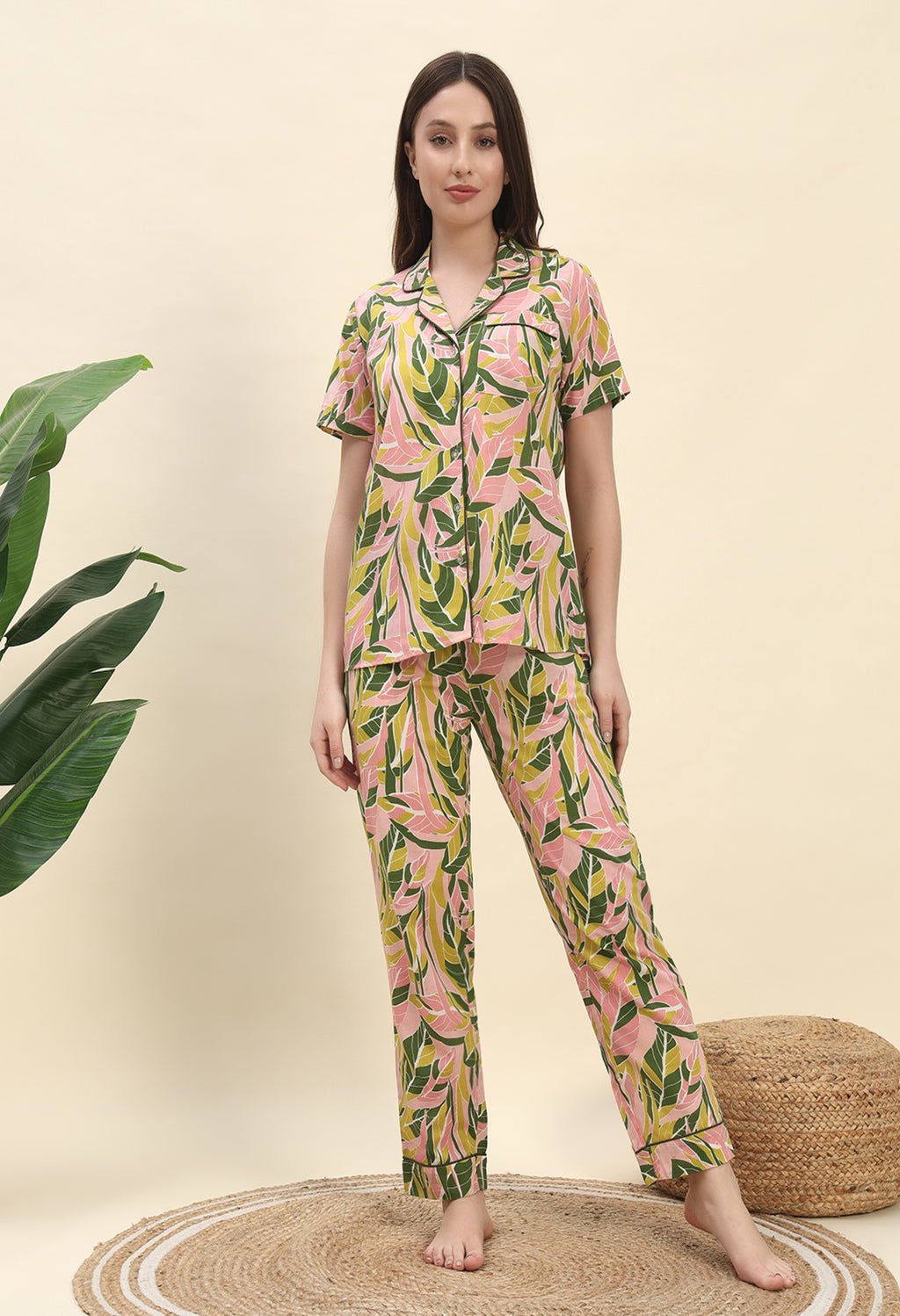 Tropical Leaf Printed Pure Cotton Nightsuit Set in Peach by Ameerah