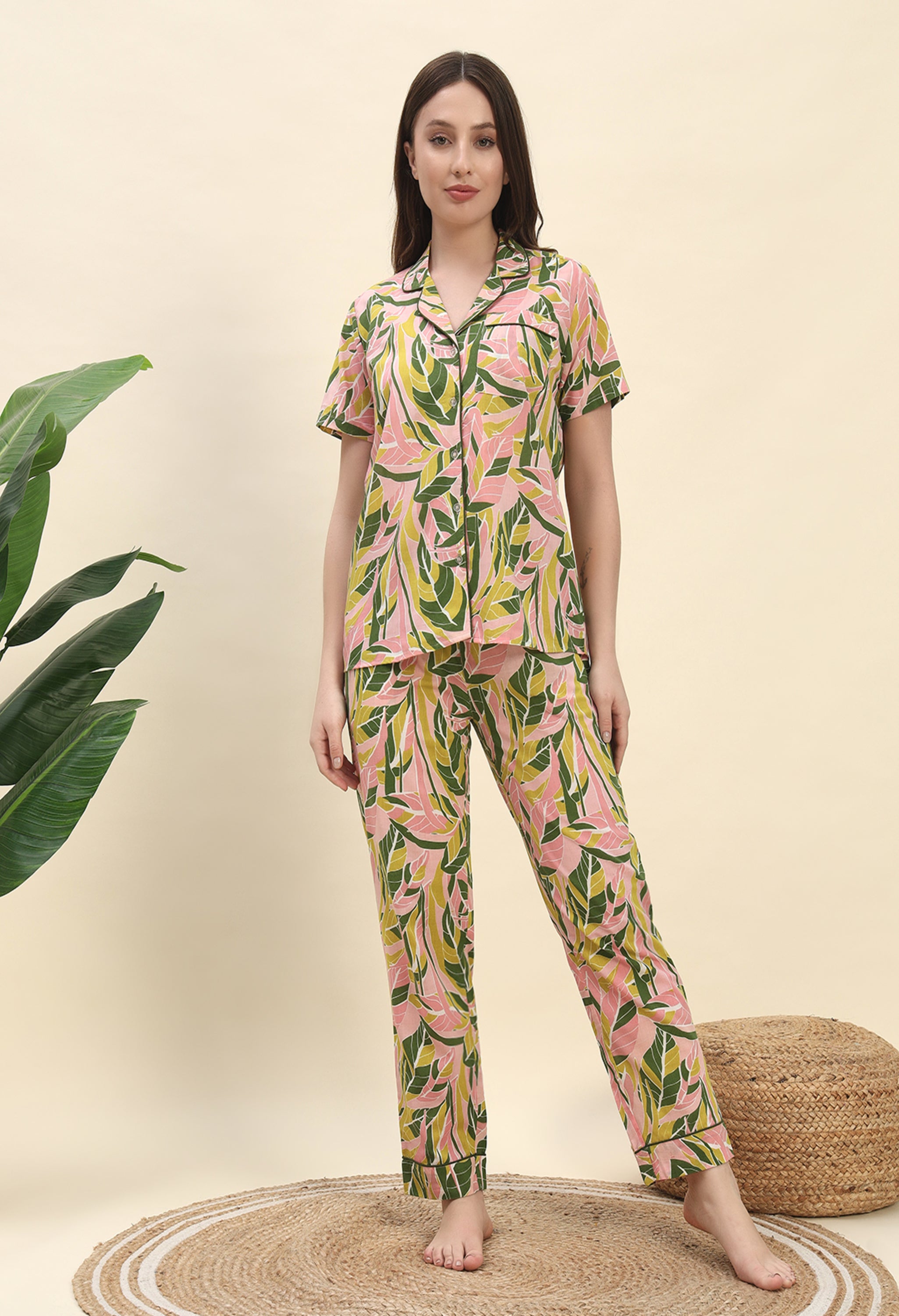 Tropical Leaf Printed Pure Cotton Nightsuit Set in Peach by Ameerah