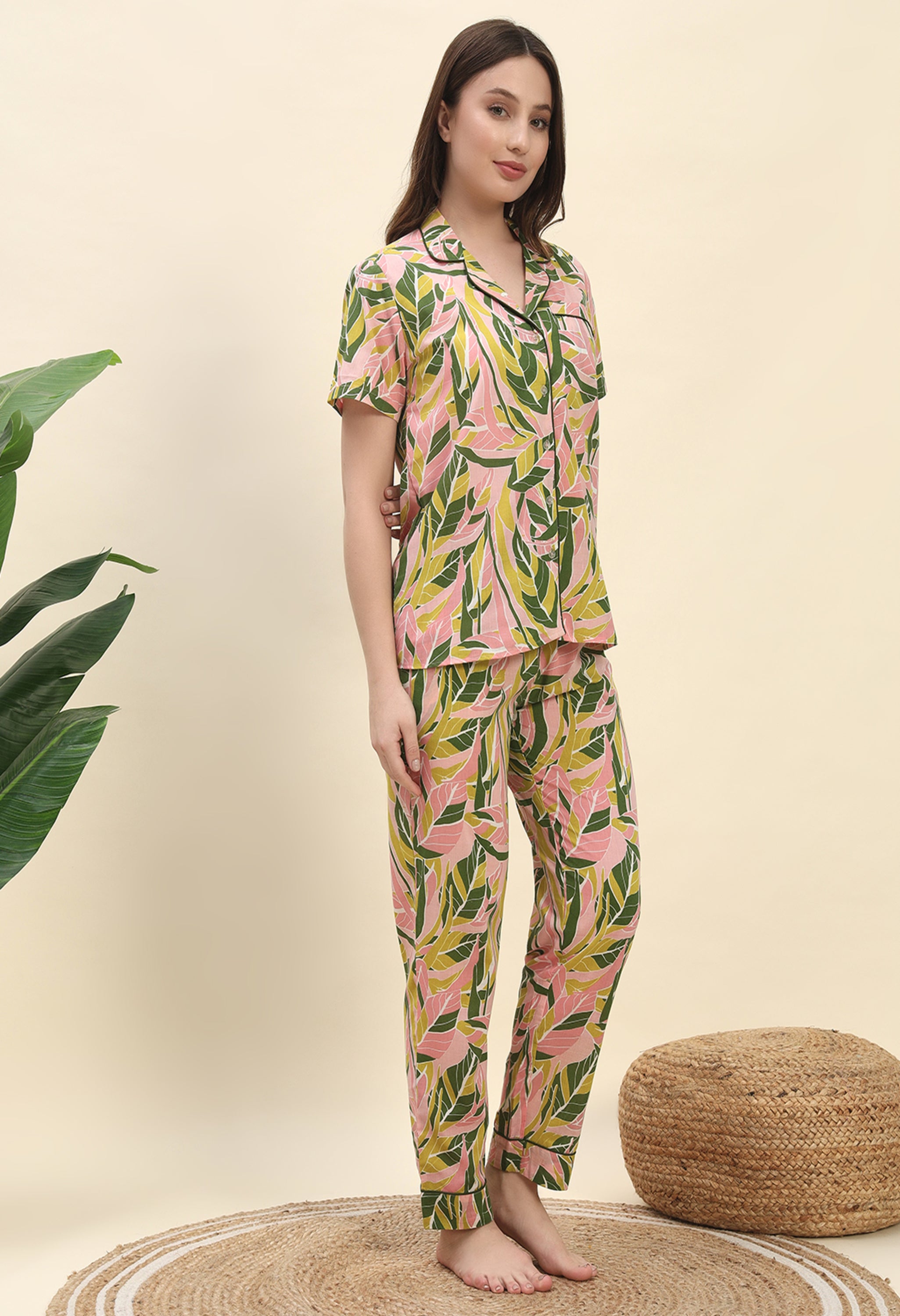 Tropical Leaf Printed Pure Cotton Nightsuit Set in Peach by Ameerah