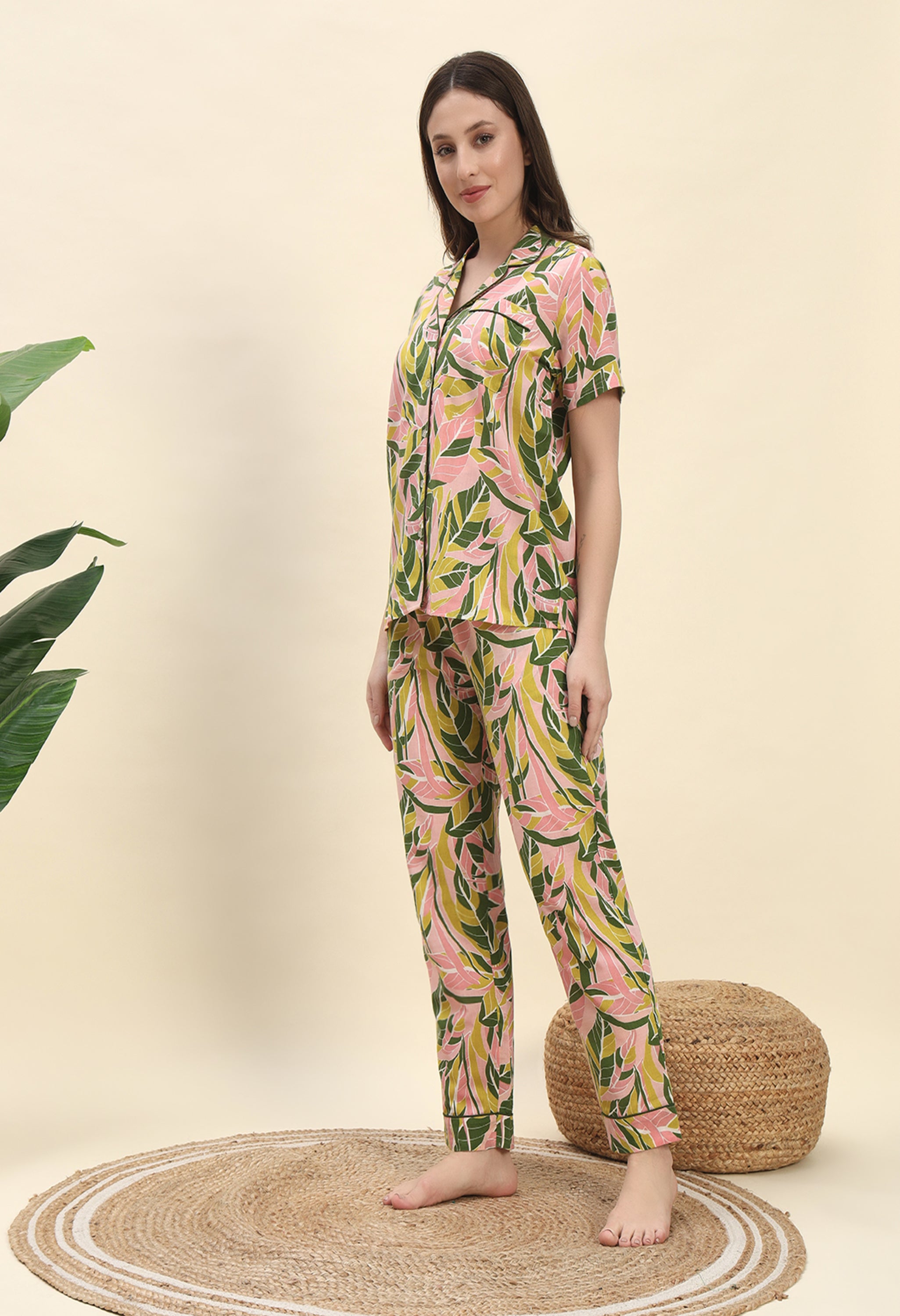 Tropical Leaf Printed Pure Cotton Nightsuit Set in Peach by Ameerah
