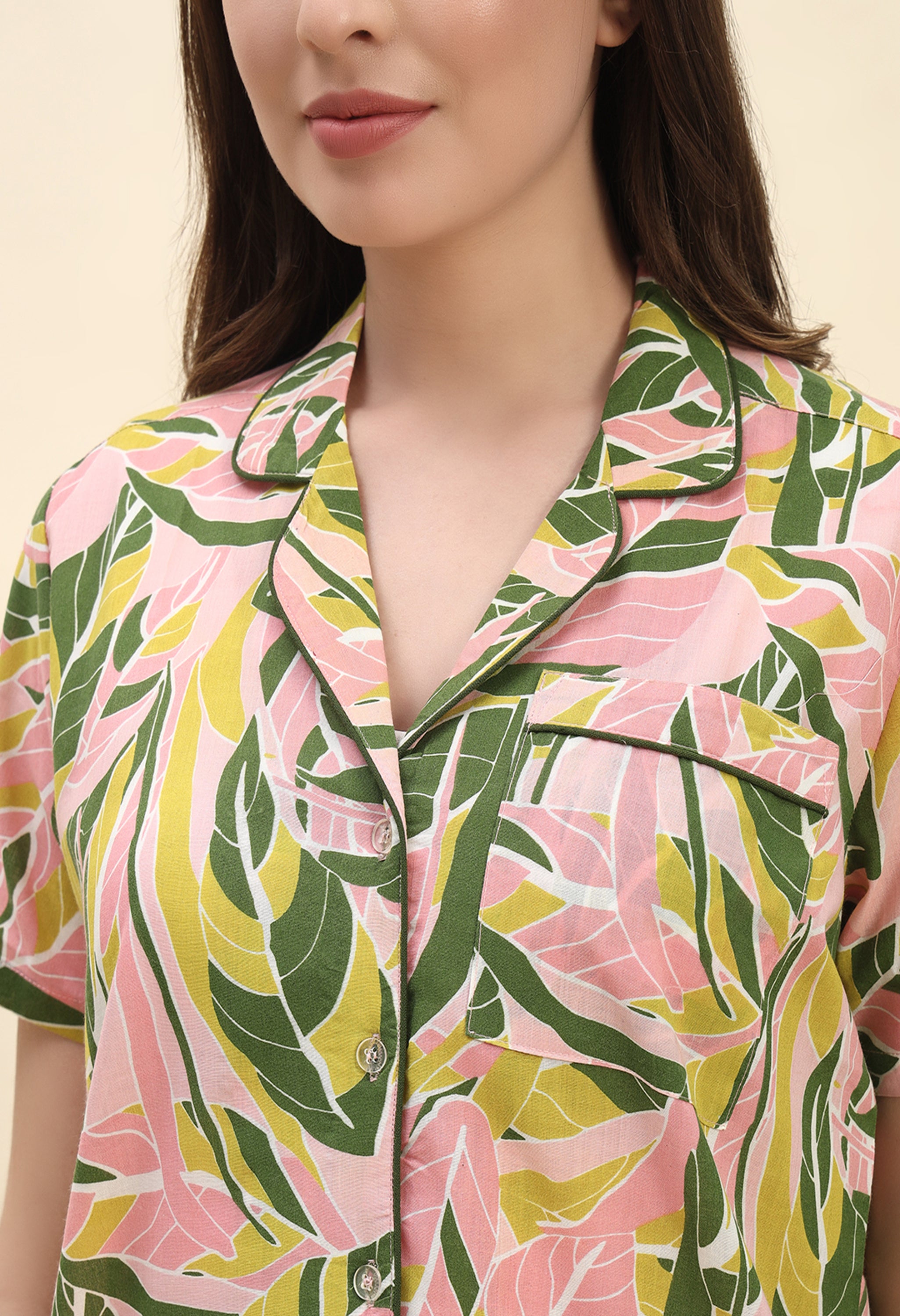 Tropical Leaf Printed Pure Cotton Nightsuit Set in Peach by Ameerah