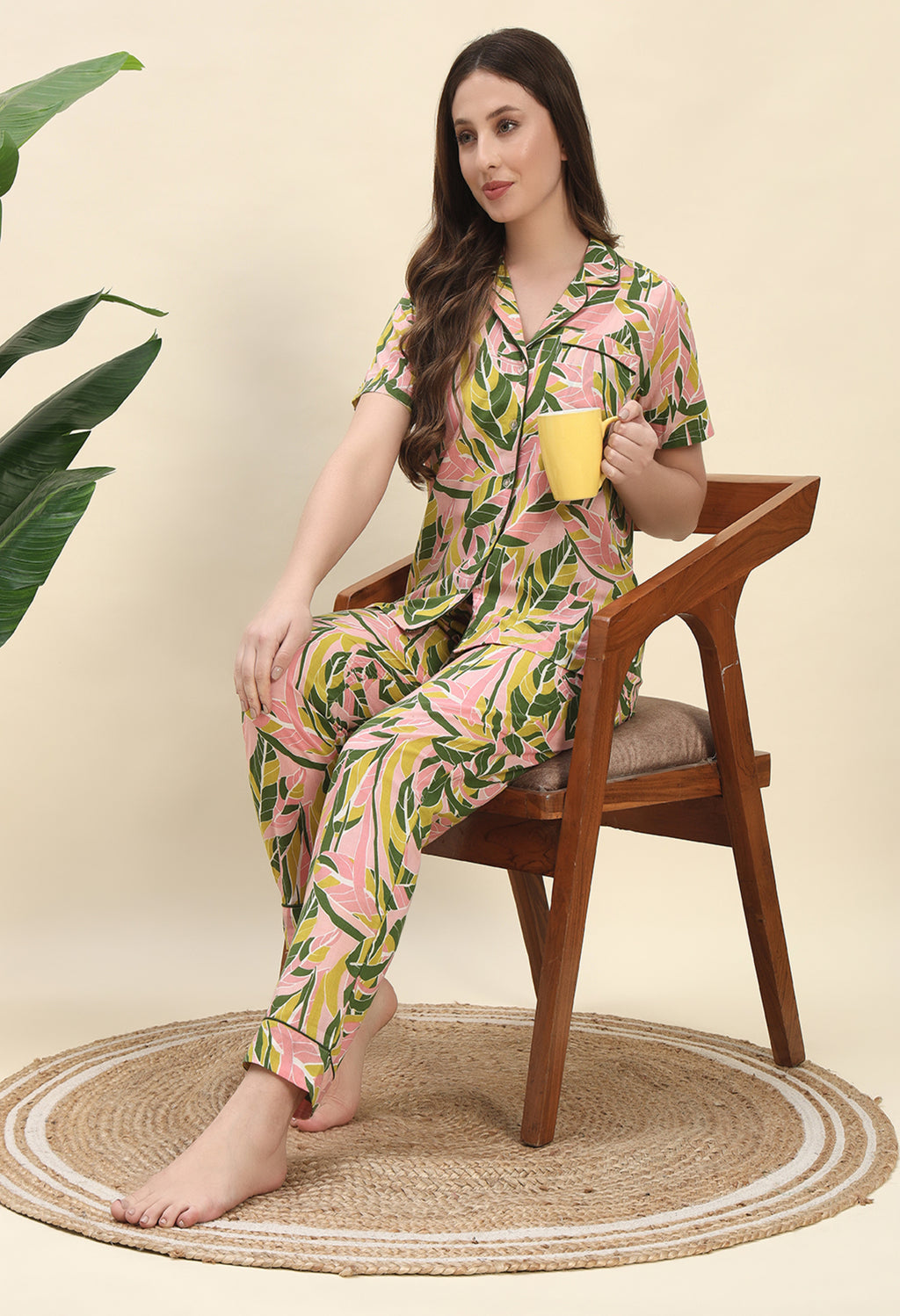 Tropical Leaf Printed Pure Cotton Nightsuit Set in Peach by Ameerah