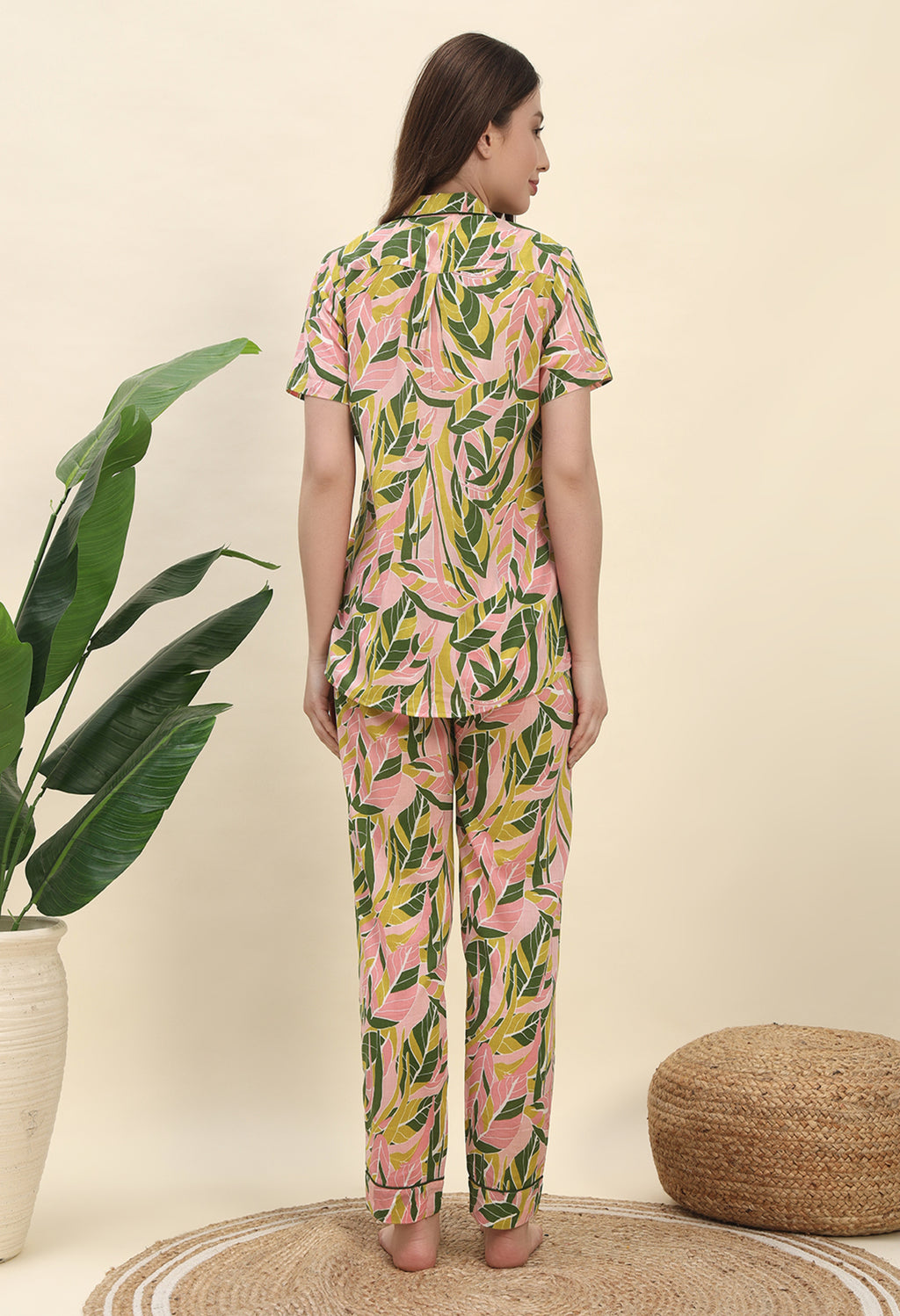 Tropical Leaf Printed Pure Cotton Nightsuit Set in Peach by Ameerah