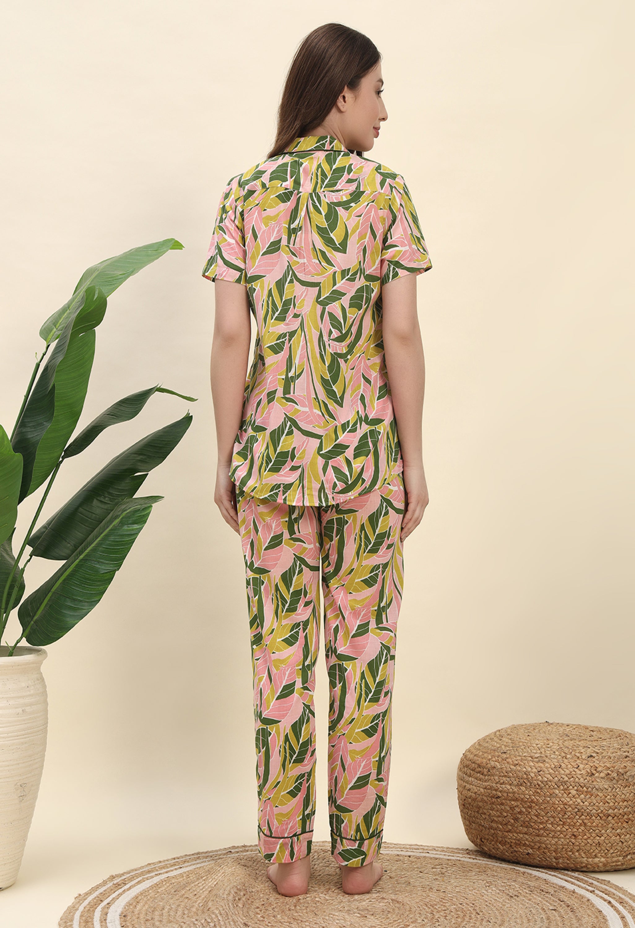 Tropical Leaf Printed Pure Cotton Nightsuit Set in Peach by Ameerah