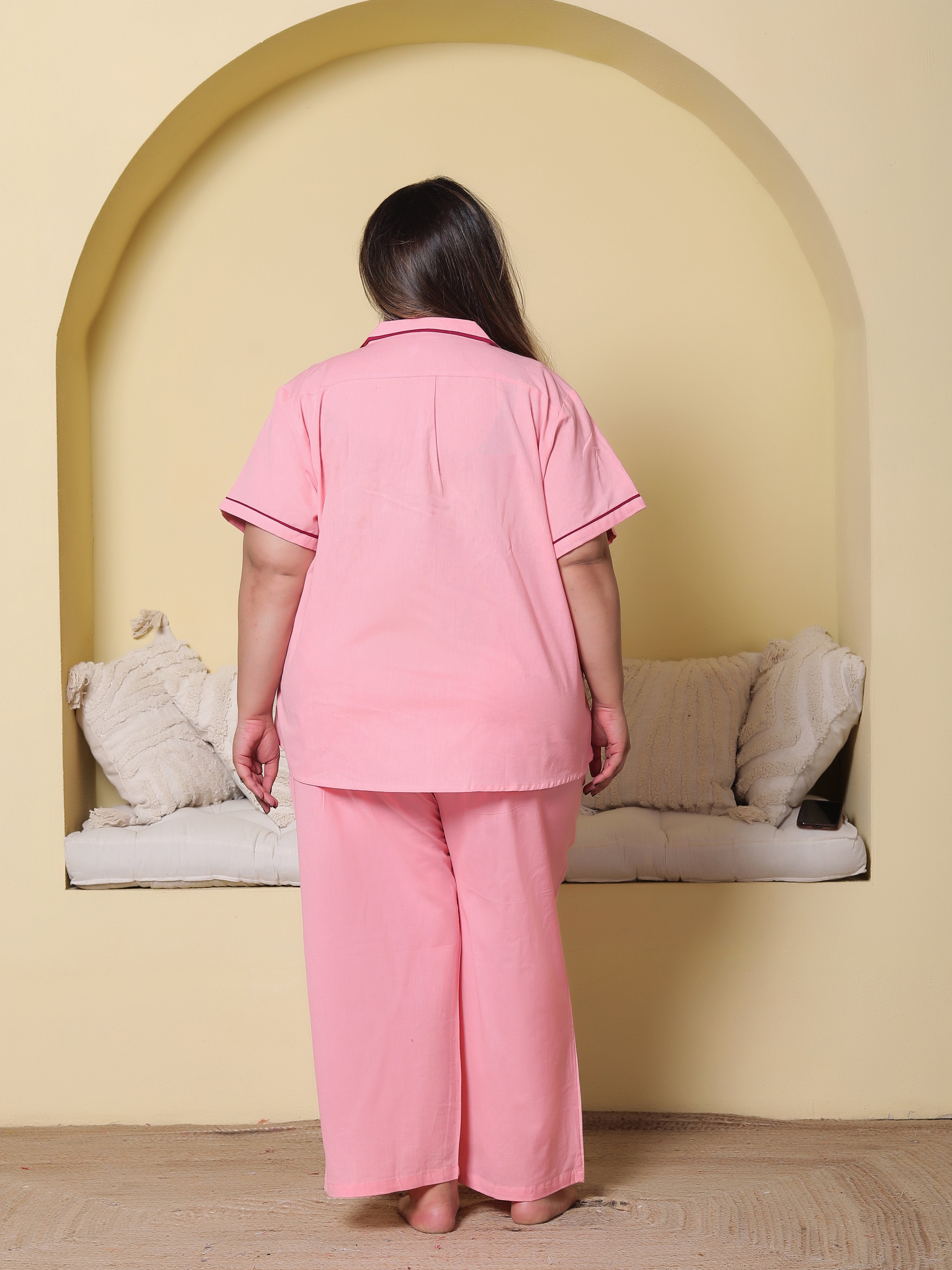 Blush Pink Solid Cottonflex Plussize Nightsuit Set By Ameerah