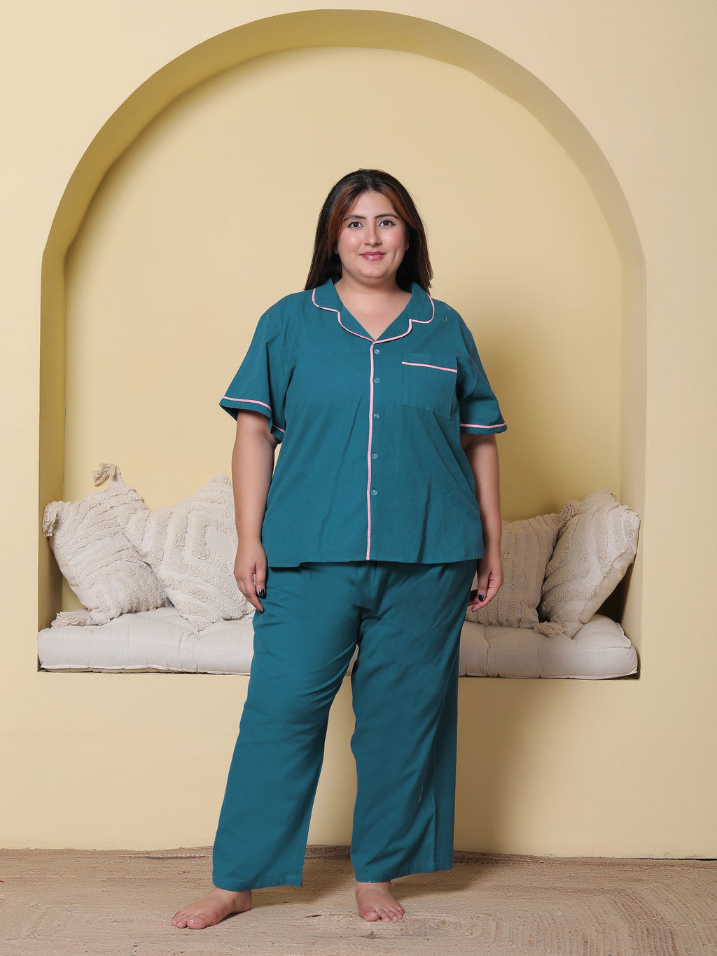 Deep Blue Solid Cottonflex Plussize Nightsuit Set By Ameerah