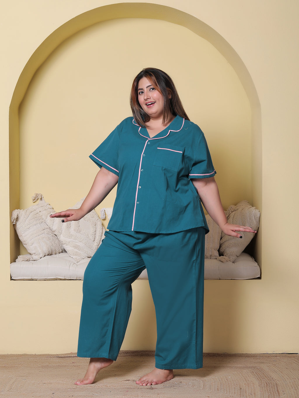 Deep Blue Solid Cottonflex Plussize Nightsuit Set By Ameerah