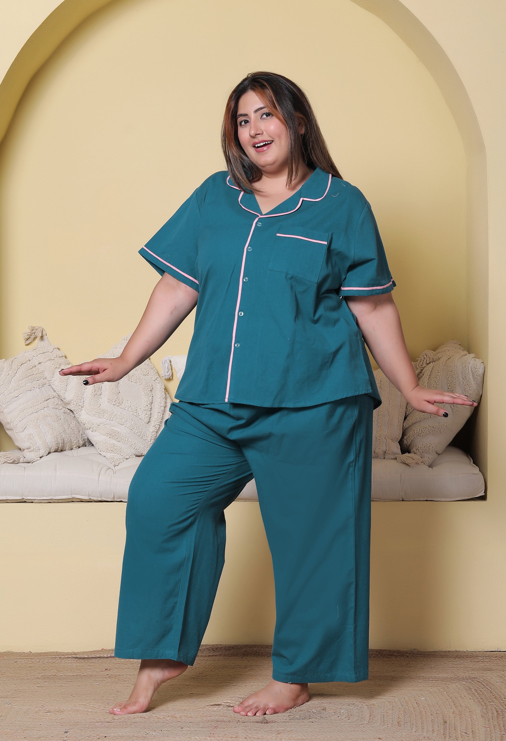 Deep Blue Solid Cottonflex Plussize Nightsuit Set By Ameerah