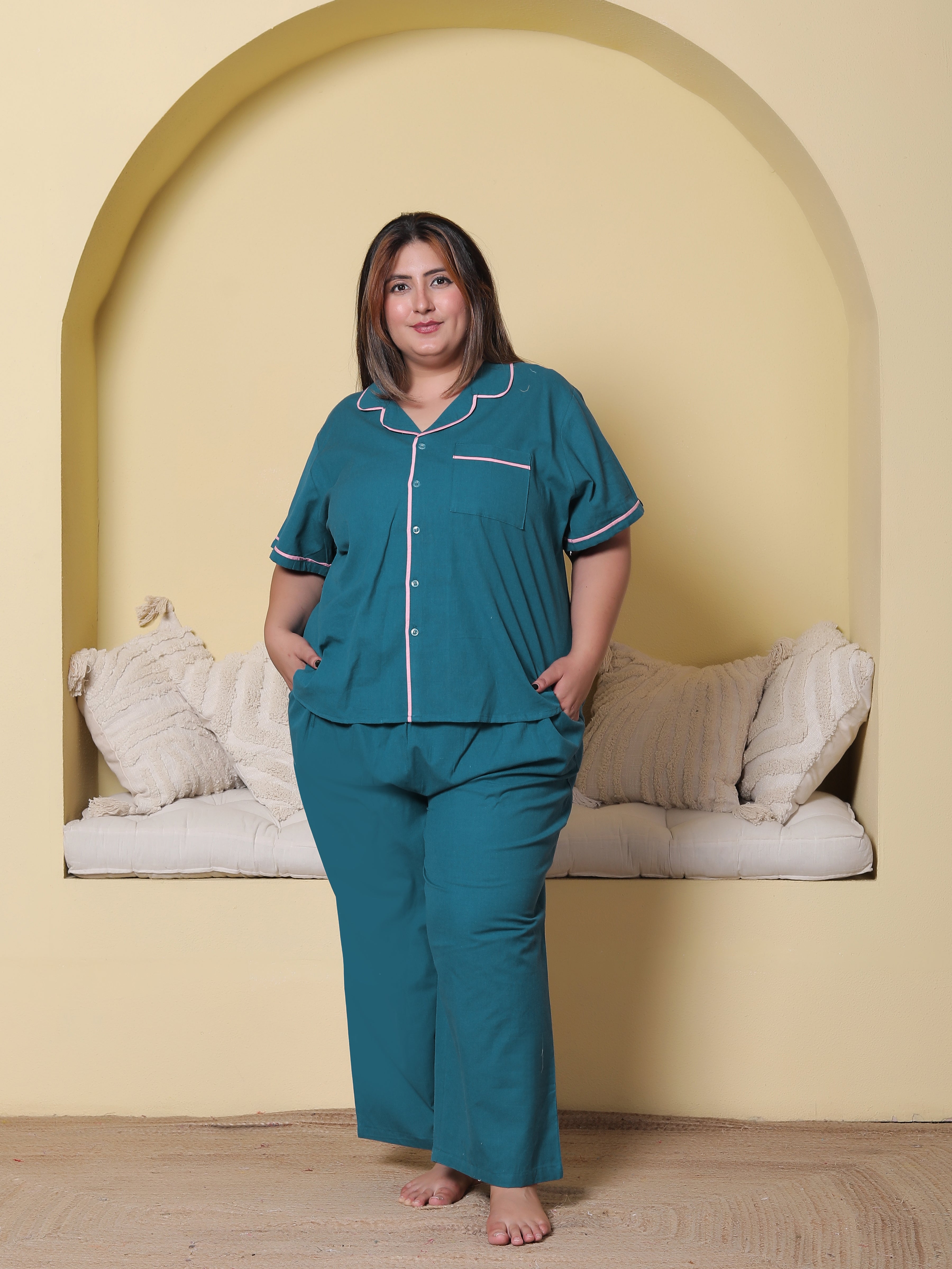 Deep Blue Solid Cottonflex Plussize Nightsuit Set By Ameerah