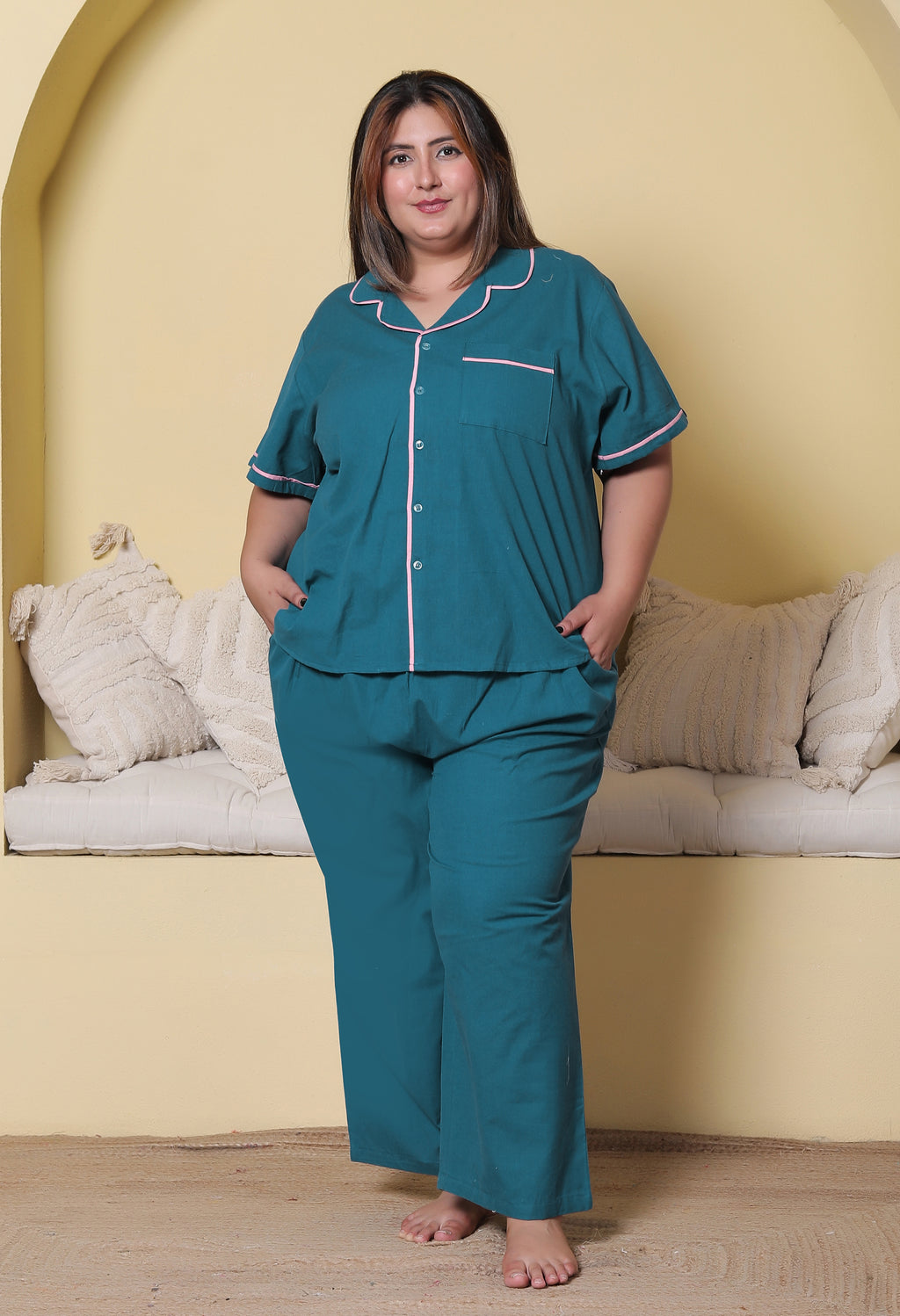Deep Blue Solid Cottonflex Plussize Nightsuit Set By Ameerah