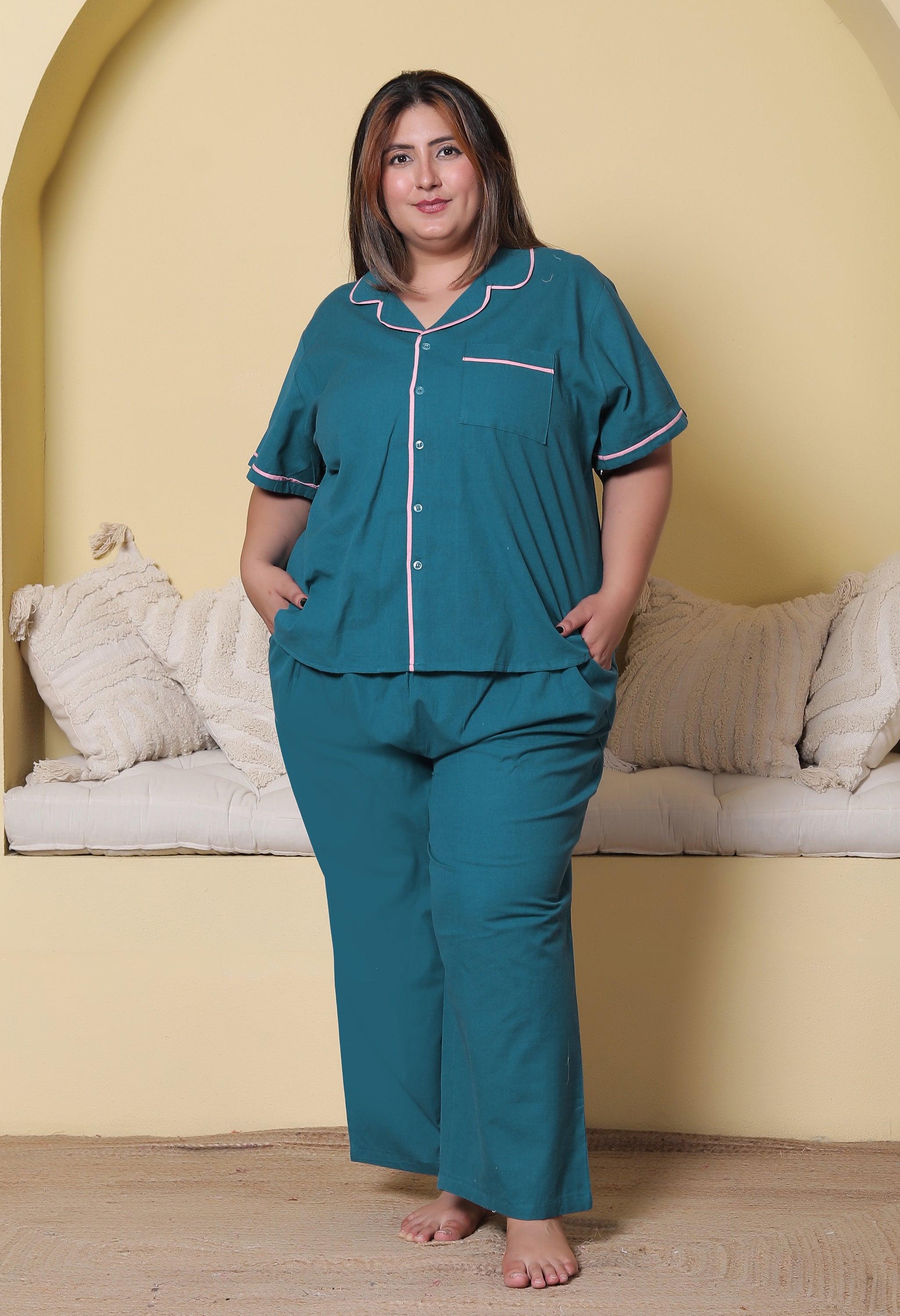 Deep Blue Solid Cottonflex Plussize Nightsuit Set By Ameerah
