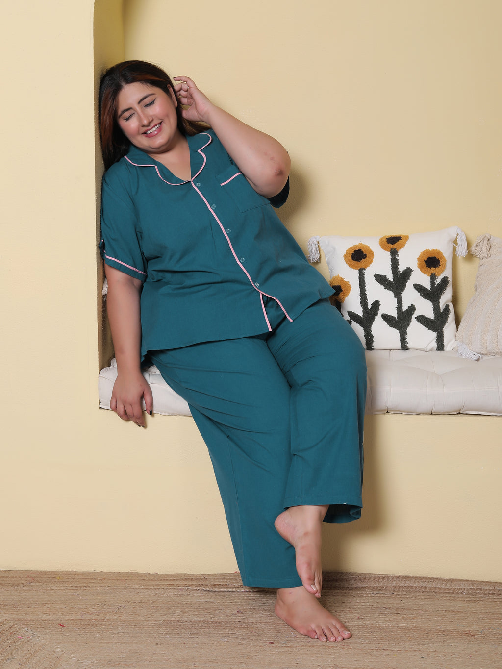 Deep Blue Solid Cottonflex Plussize Nightsuit Set By Ameerah
