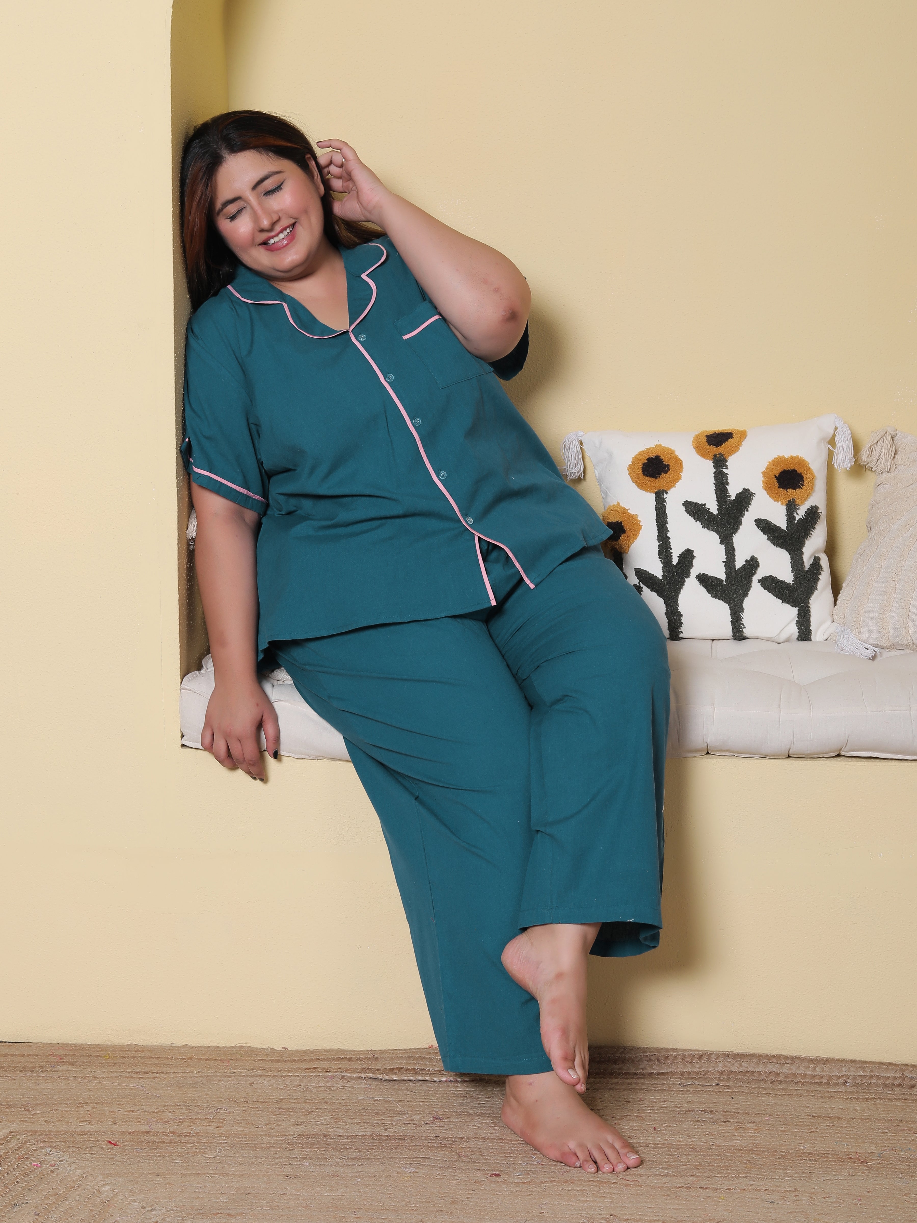Deep Blue Solid Cottonflex Plussize Nightsuit Set By Ameerah
