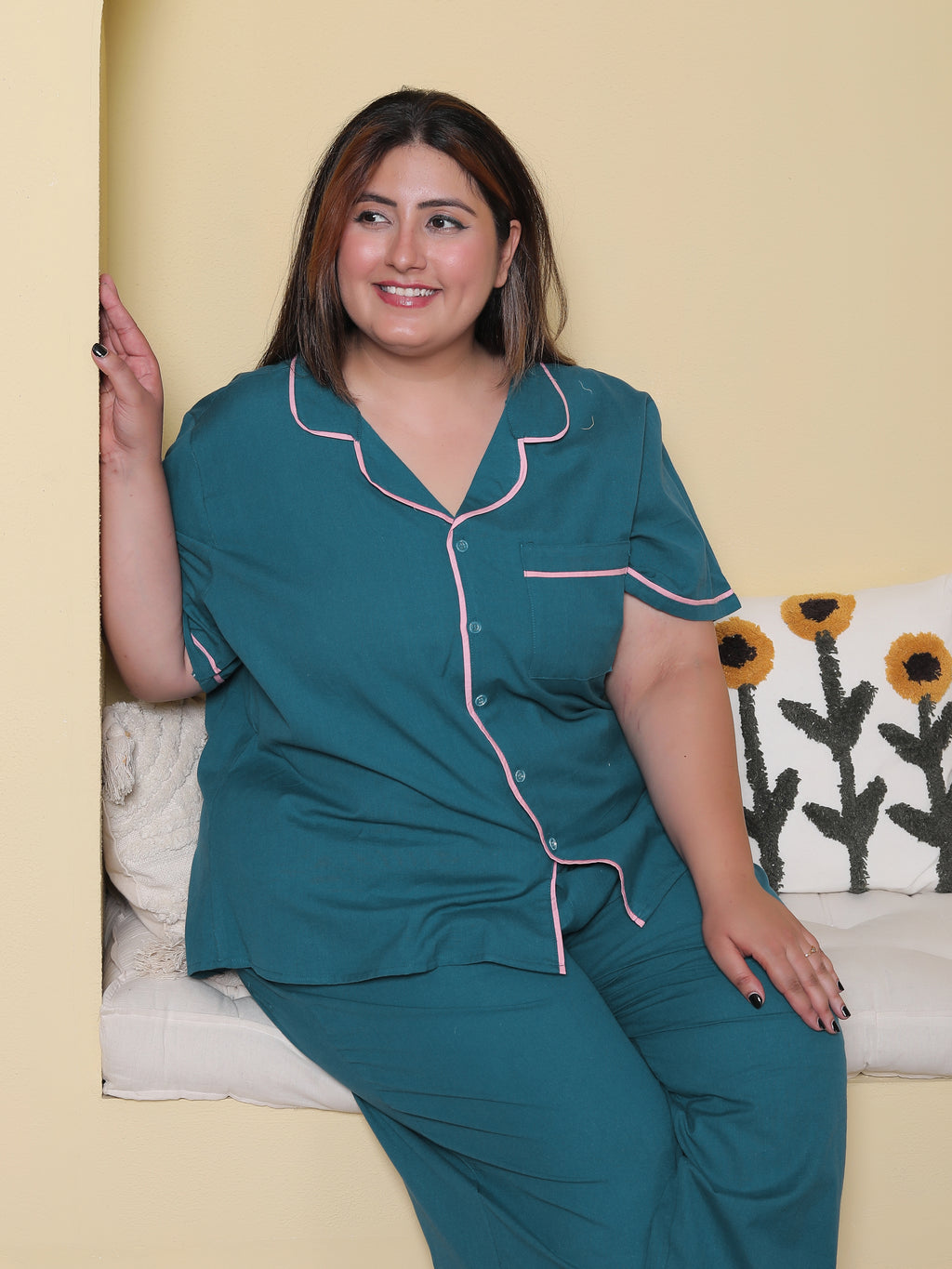 Deep Blue Solid Cottonflex Plussize Nightsuit Set By Ameerah