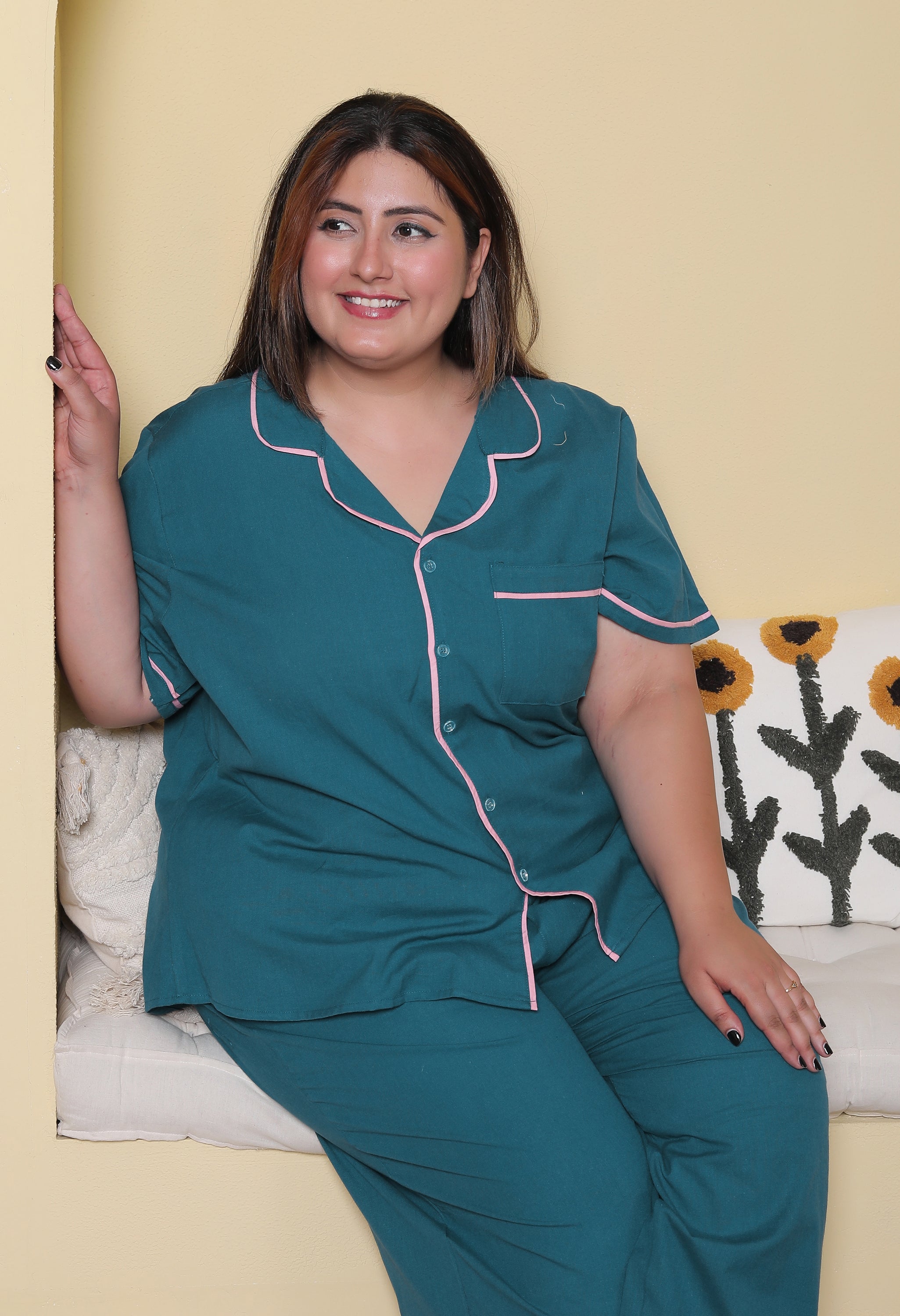 Deep Blue Solid Cottonflex Plussize Nightsuit Set By Ameerah