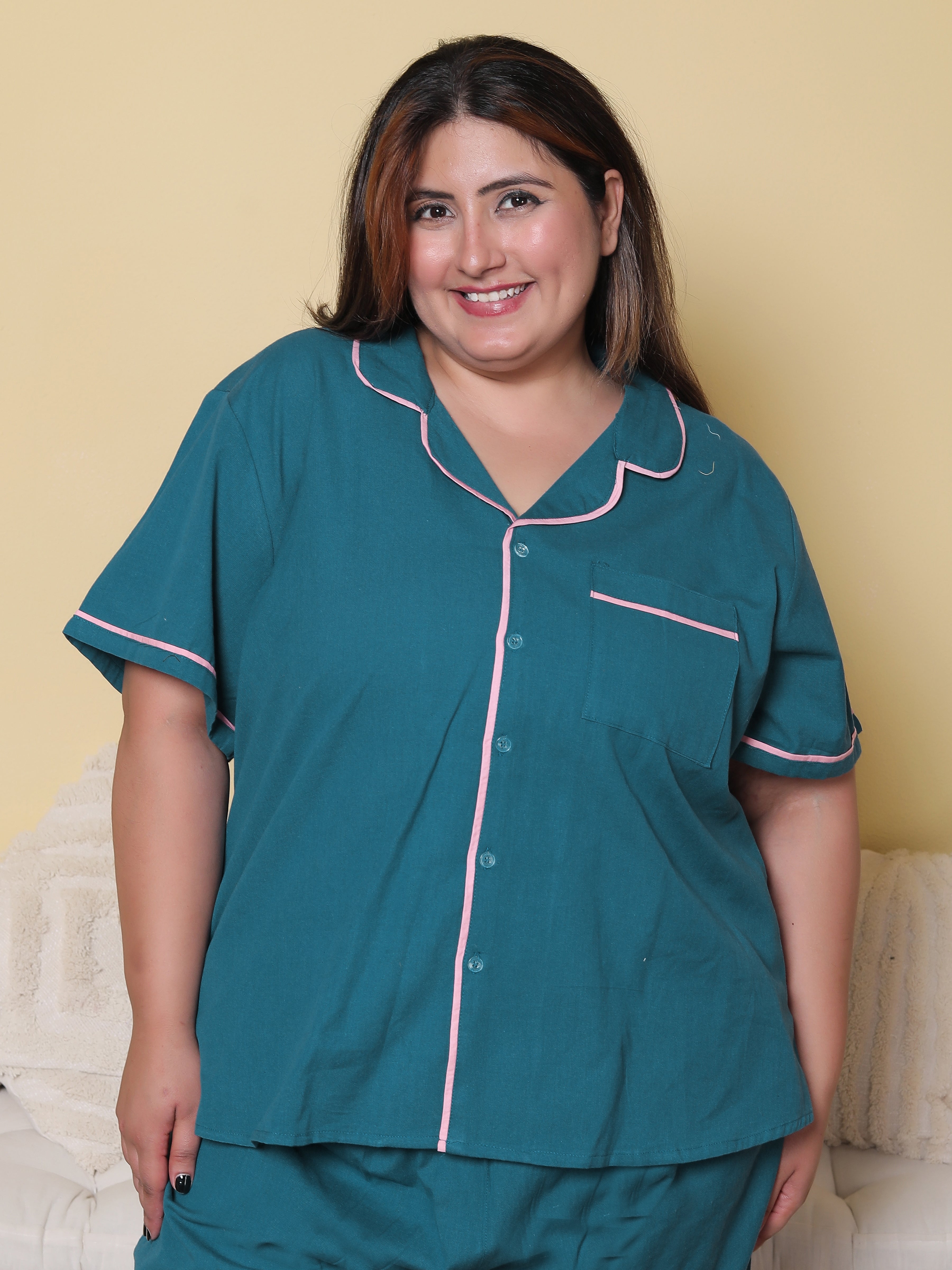Deep Blue Solid Cottonflex Plussize Nightsuit Set By Ameerah