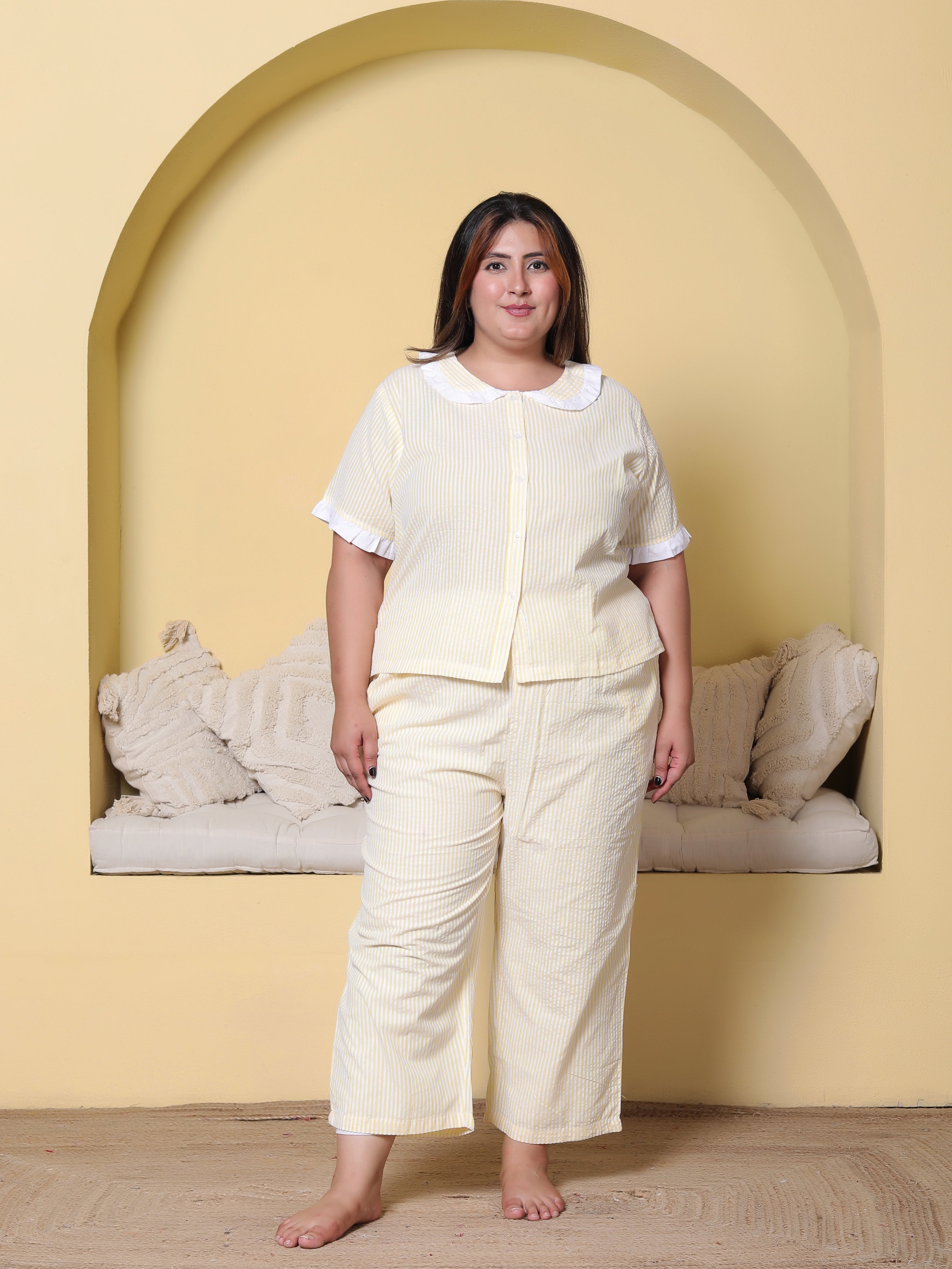 Yellow Striped Seersucker Cotton Plussize Nightsuit Set By Ameerah