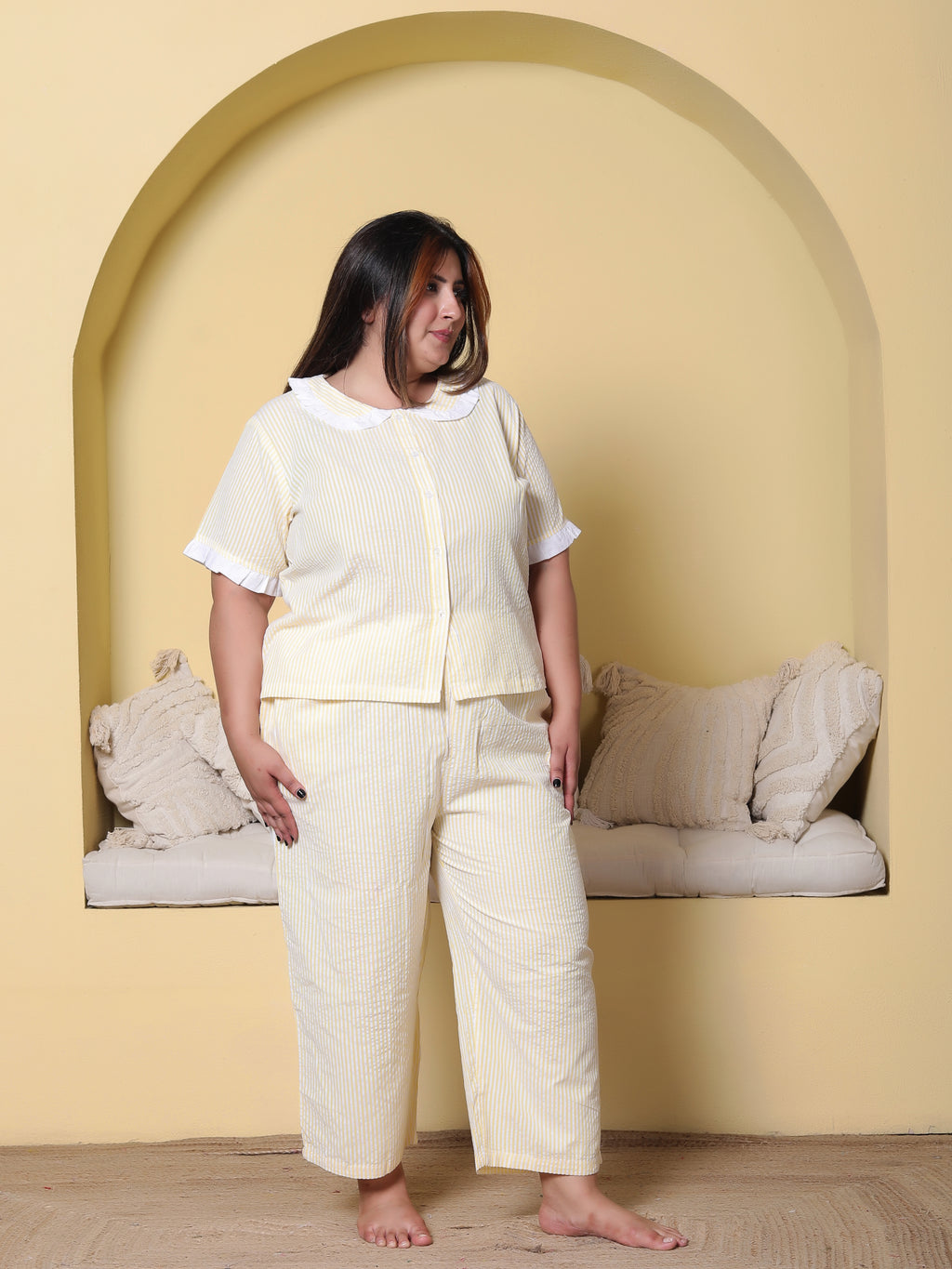 Yellow Striped Seersucker Cotton Plussize Nightsuit Set By Ameerah