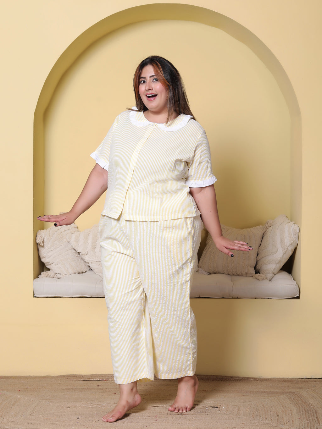 Yellow Striped Seersucker Cotton Plussize Nightsuit Set By Ameerah