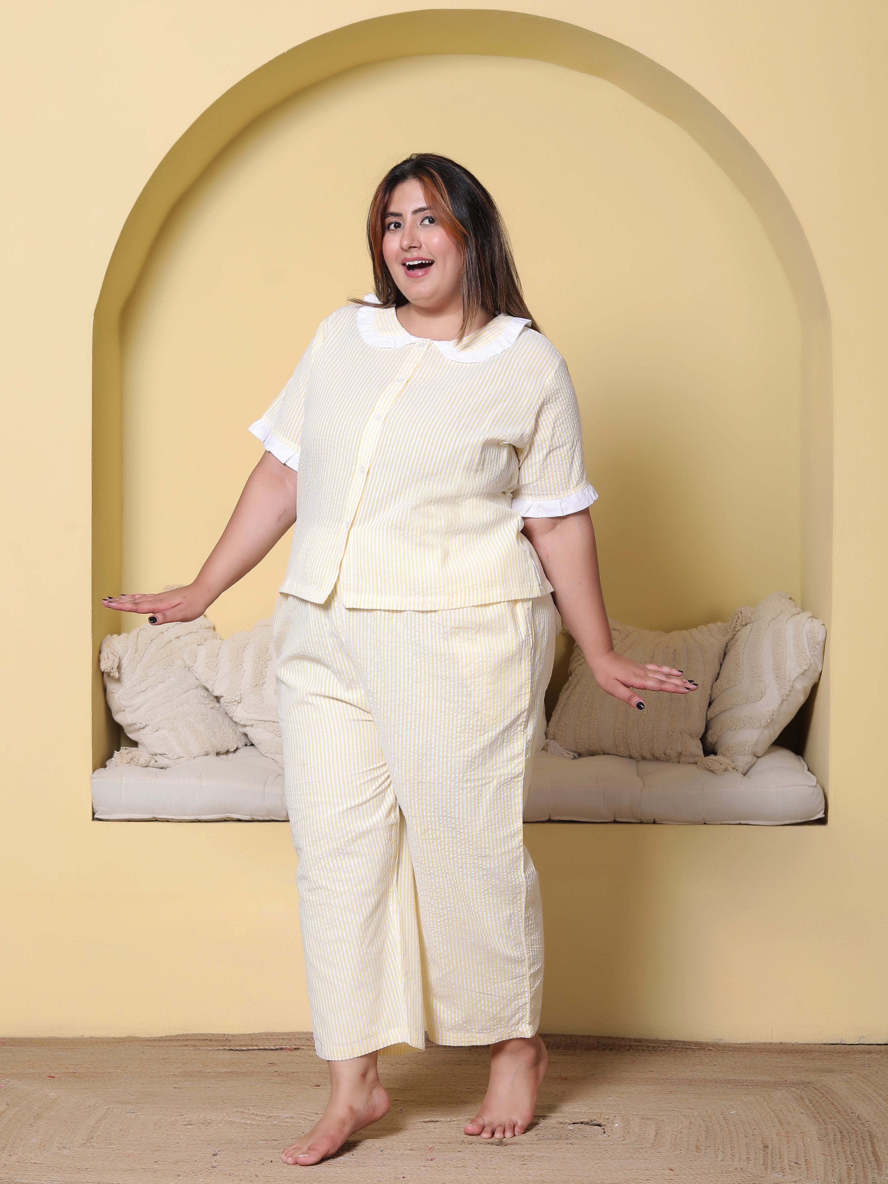 Yellow Striped Seersucker Cotton Plussize Nightsuit Set By Ameerah