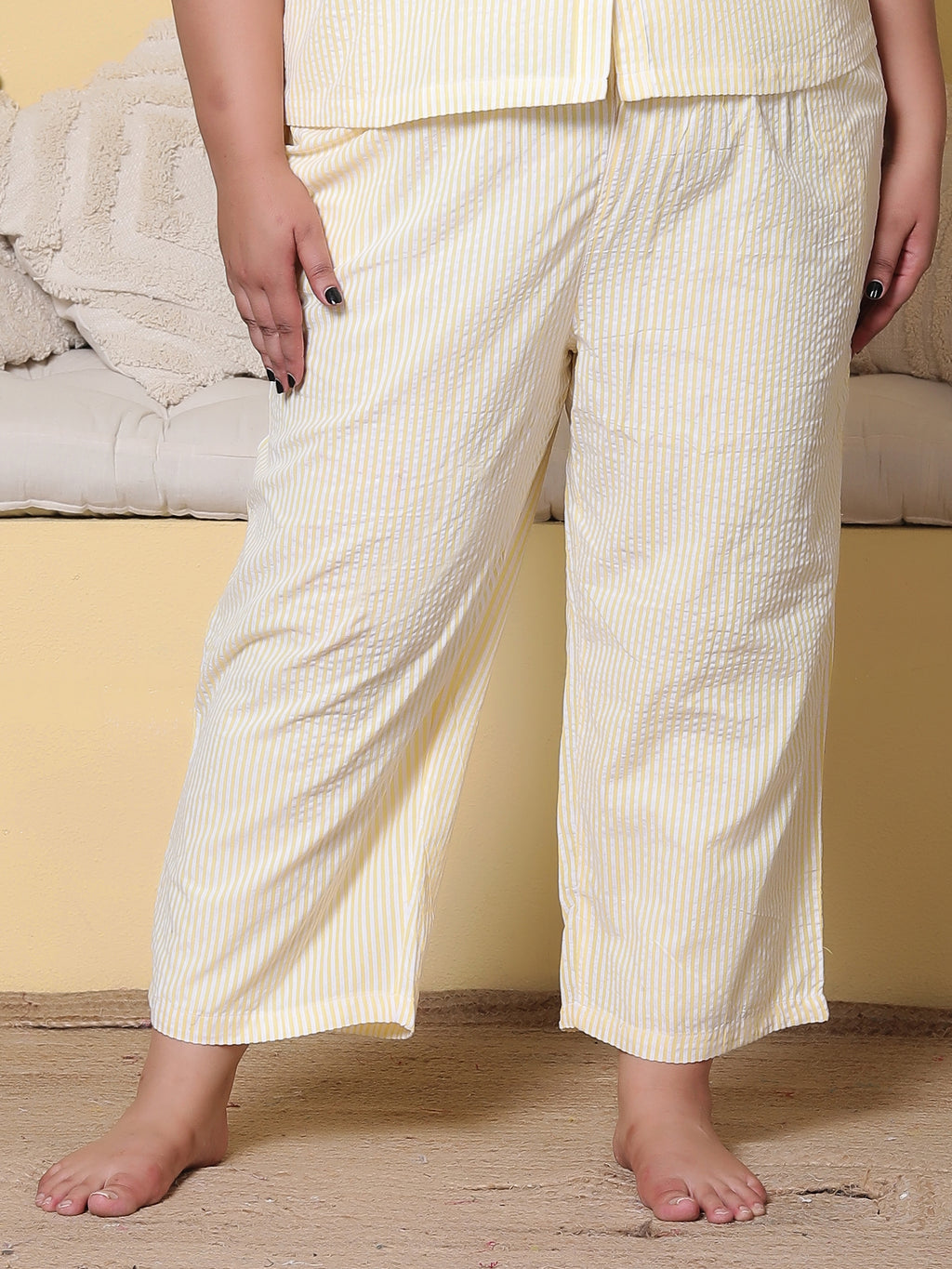Yellow Striped Seersucker Cotton Plussize Nightsuit Set By Ameerah