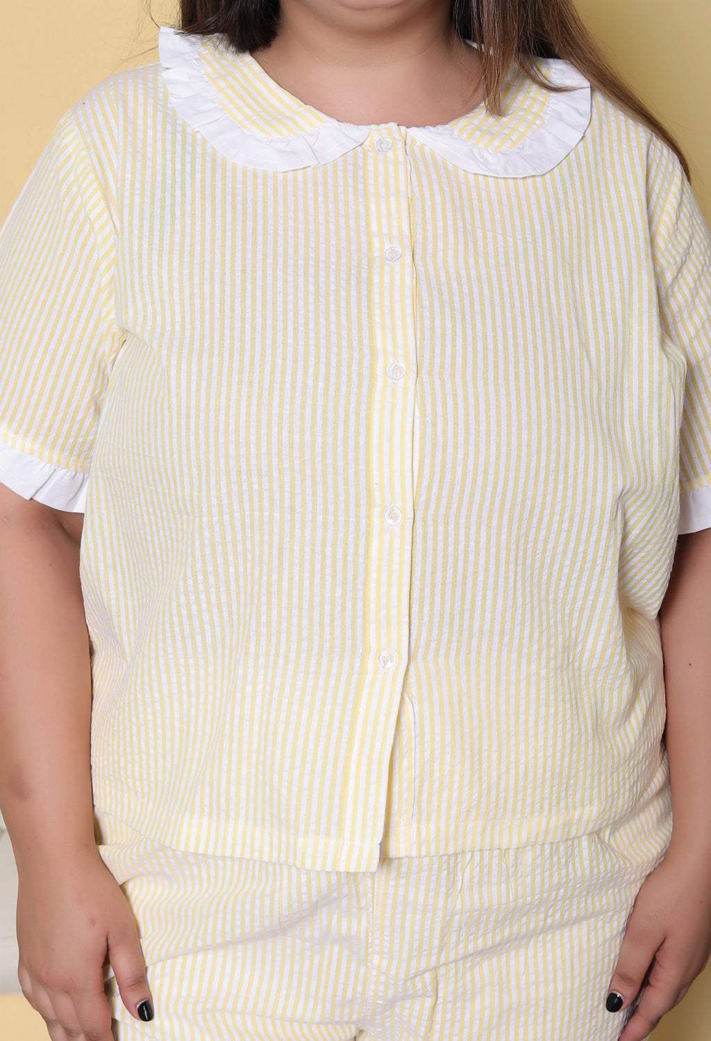 Yellow Striped Seersucker Cotton Plussize Nightsuit Set By Ameerah