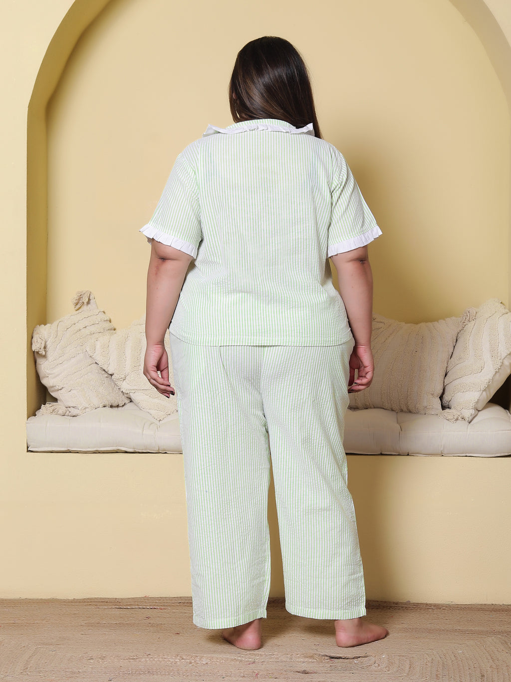 Green Striped Seersucker Cotton Plussize Nightsuit Set By Ameerah