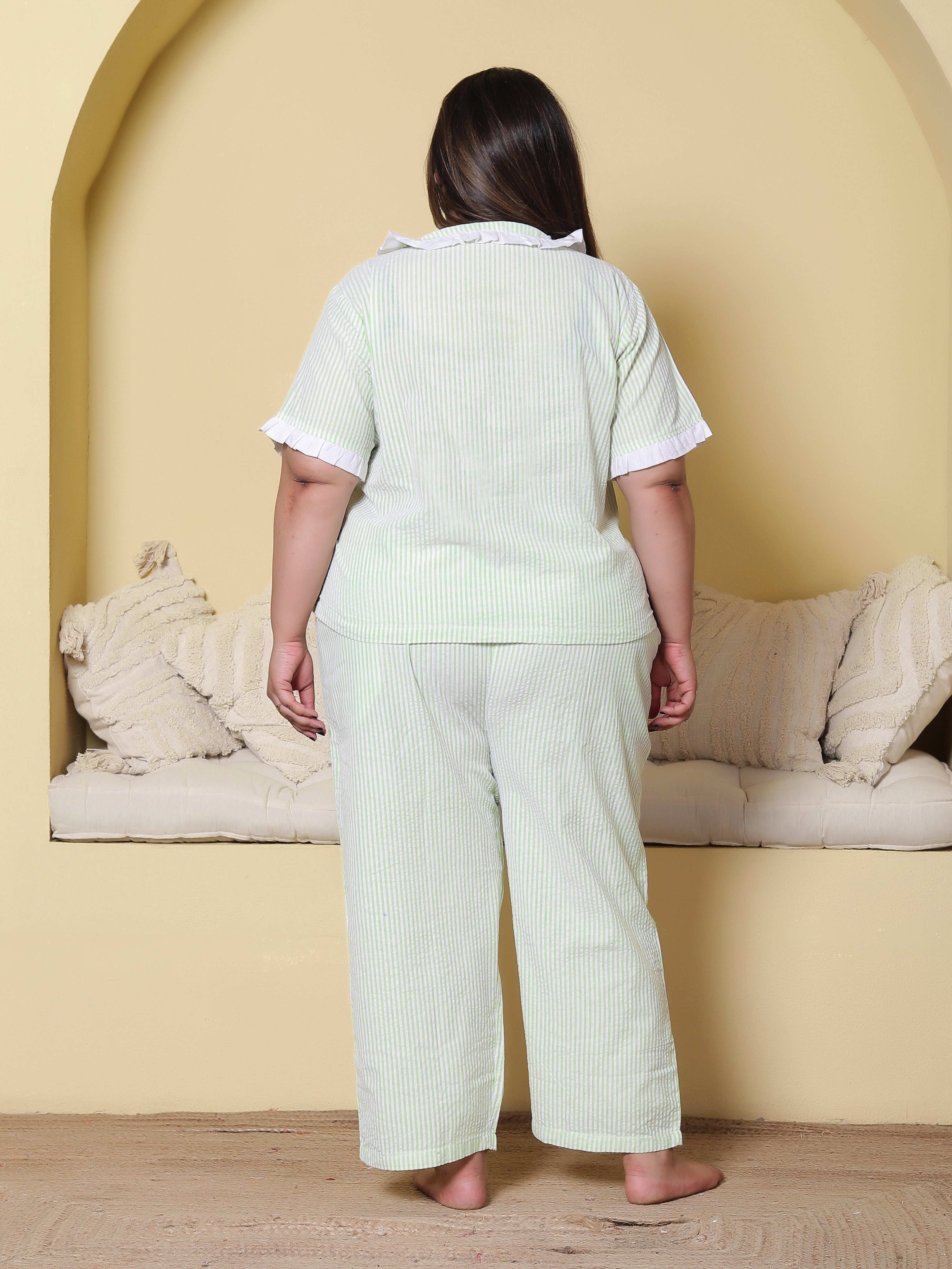 Green Striped Seersucker Cotton Plussize Nightsuit Set By Ameerah