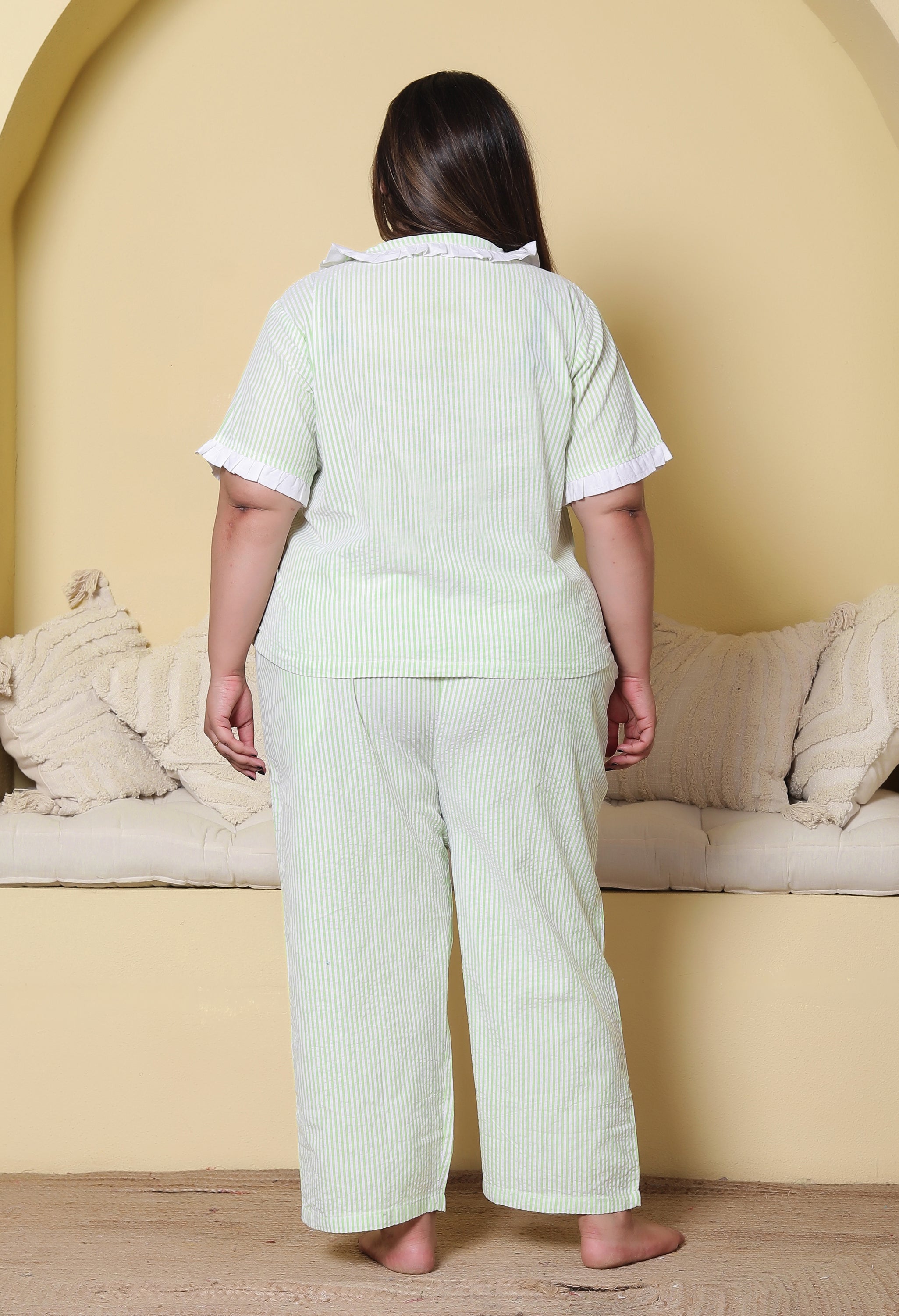 Green Striped Seersucker Cotton Plussize Nightsuit Set By Ameerah