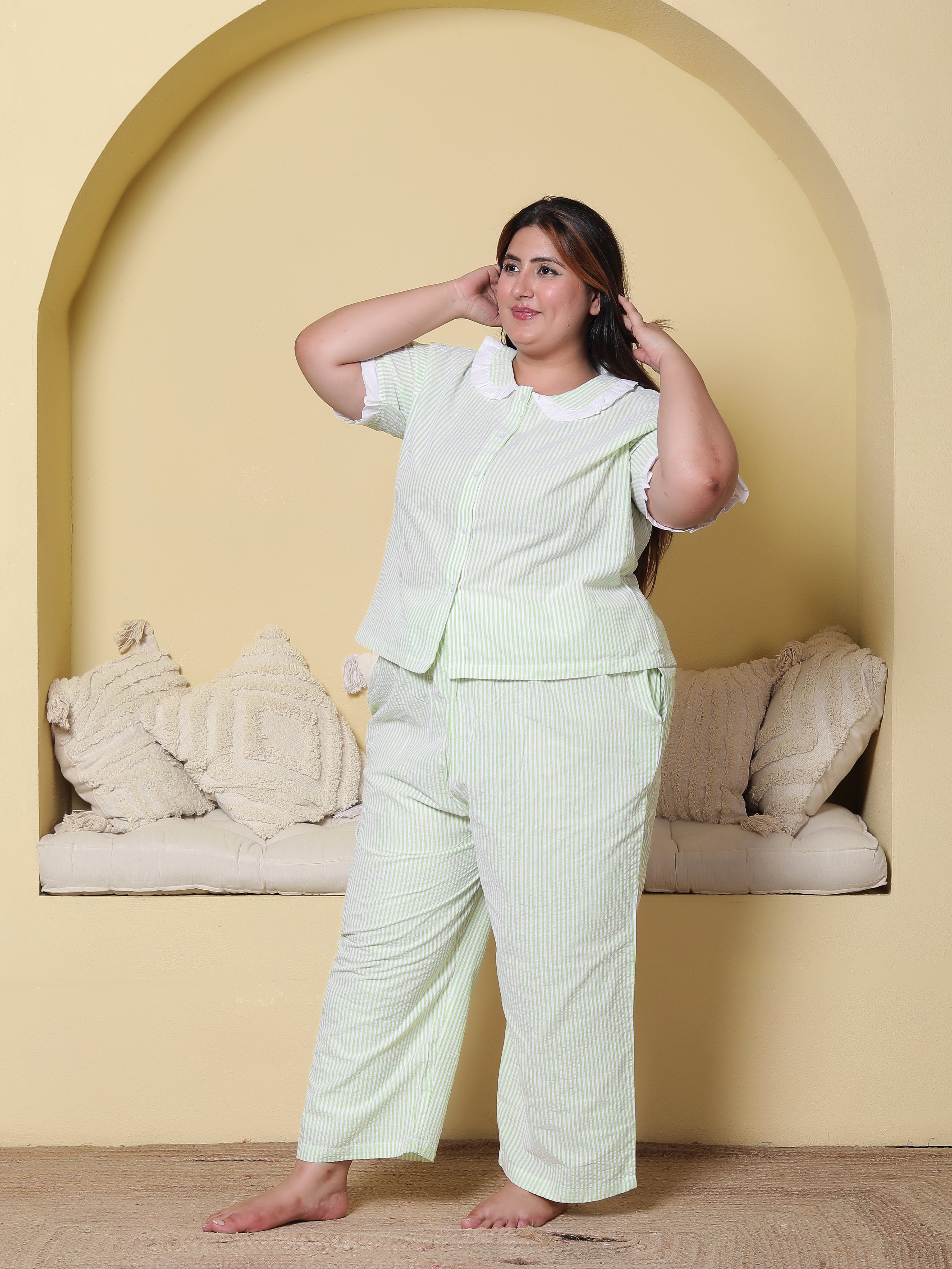Green Striped Seersucker Cotton Plussize Nightsuit Set By Ameerah