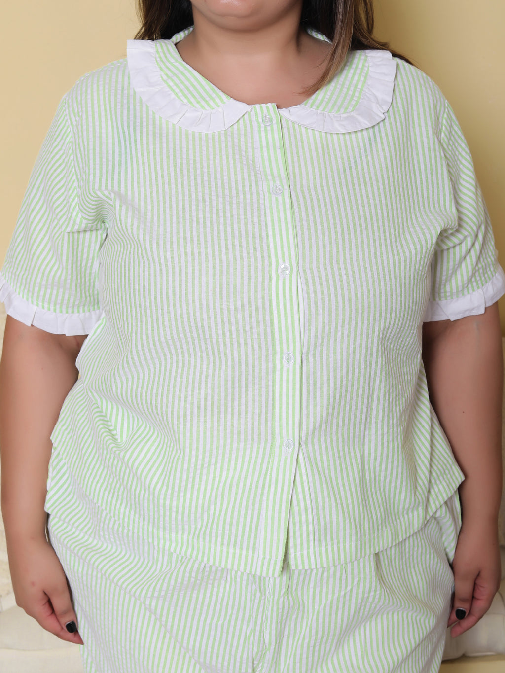 Green Striped Seersucker Cotton Plussize Nightsuit Set By Ameerah