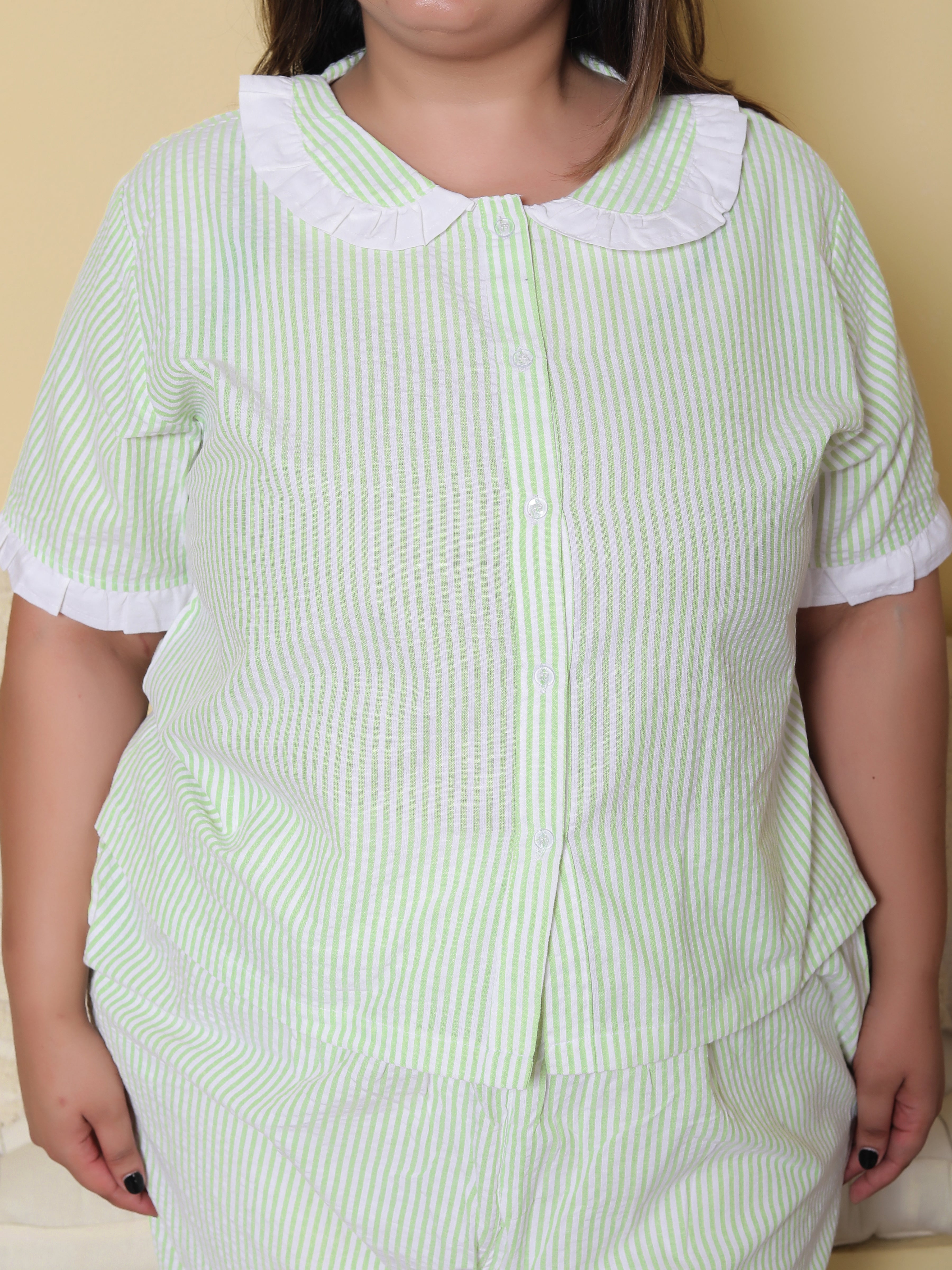 Green Striped Seersucker Cotton Plussize Nightsuit Set By Ameerah