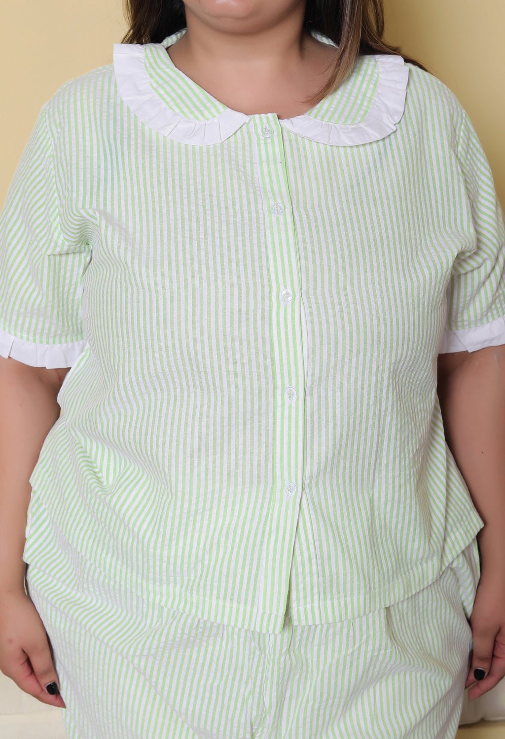 Green Striped Seersucker Cotton Plussize Nightsuit Set By Ameerah