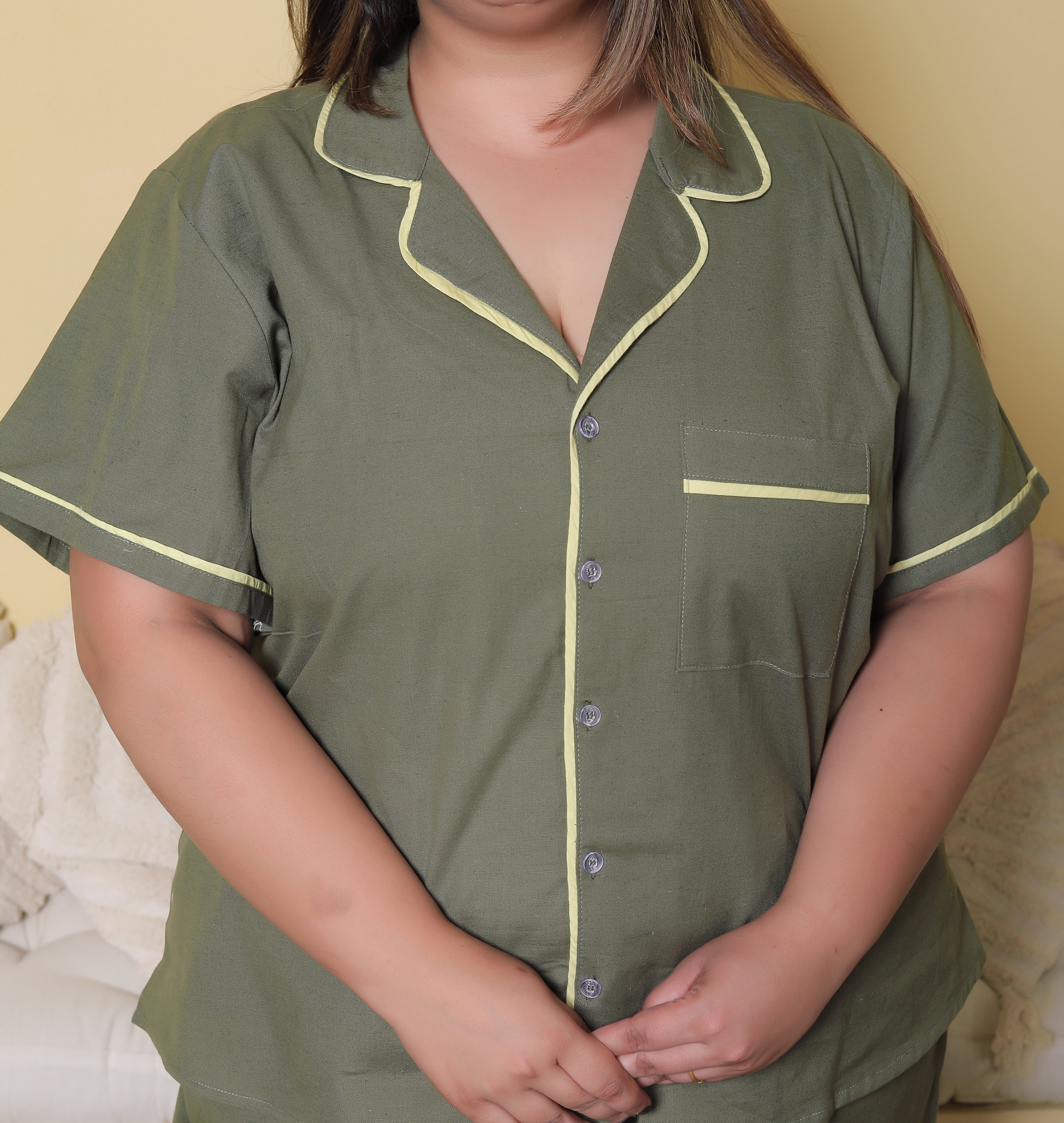 Olive Green Solid Cottonflex Plussize Nightsuit Set By Ameerah