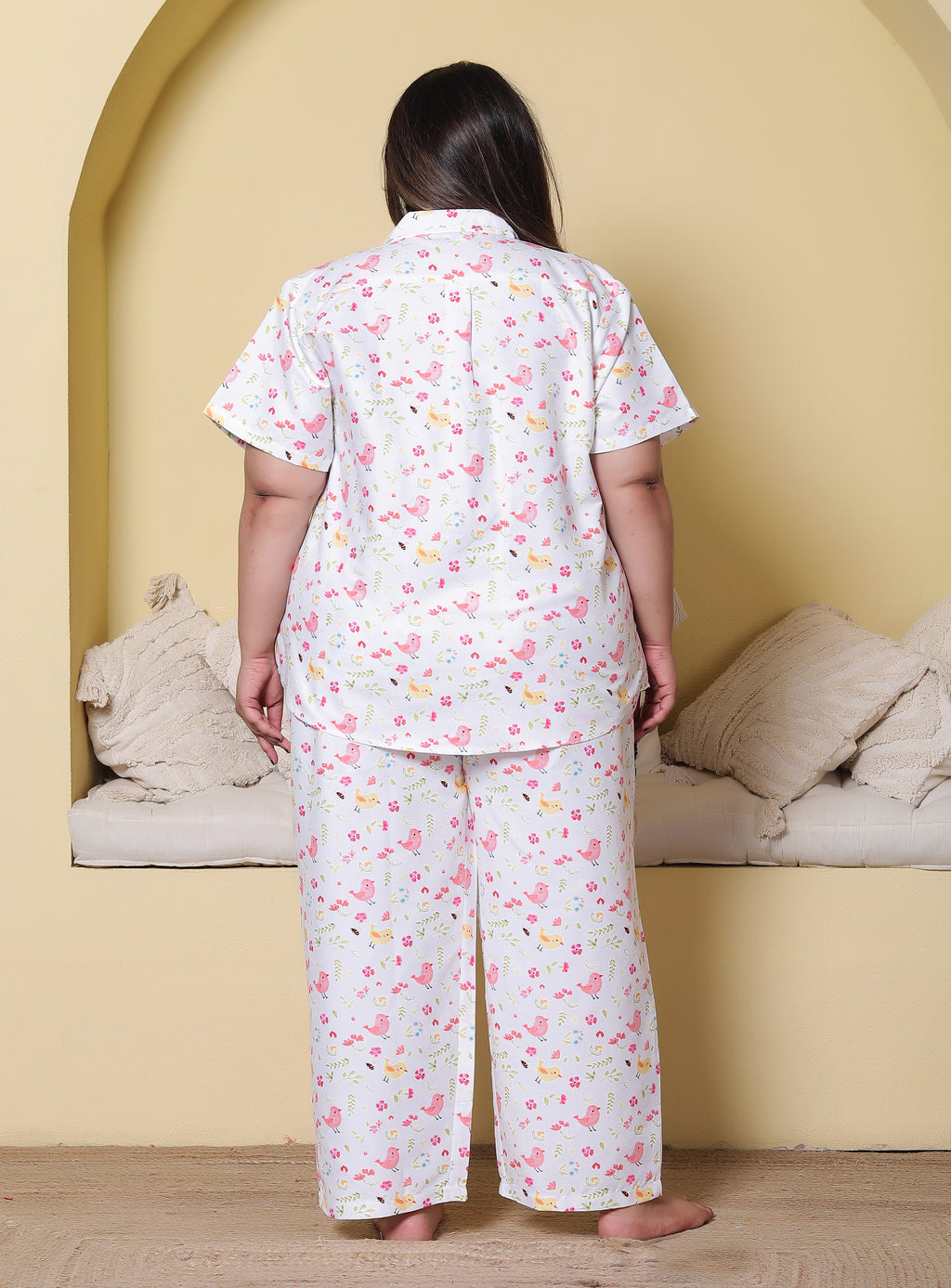 White Bird & Floral Printed Japanese Blend Cotton Plussize Nightsuit Set by Ameerah