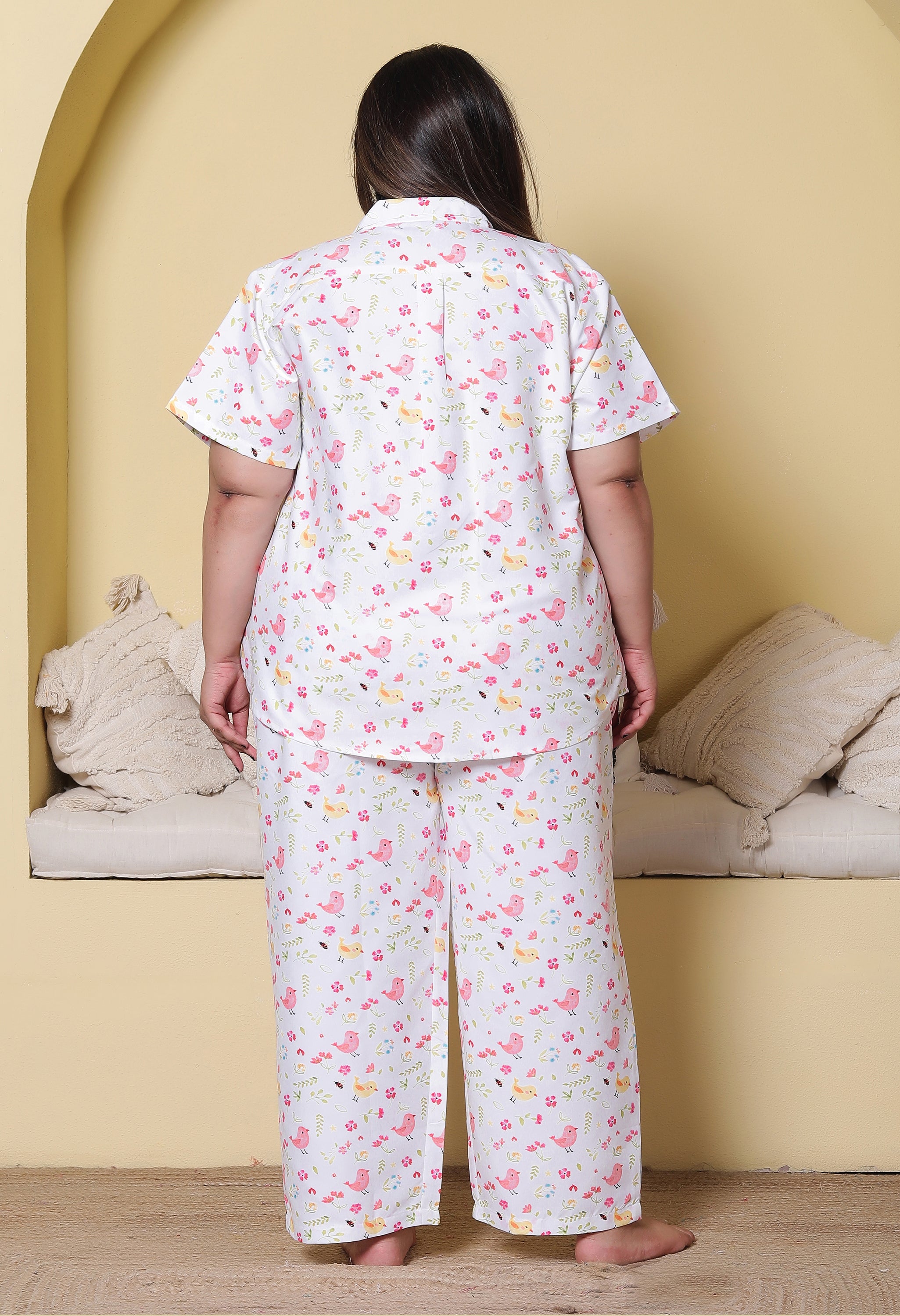 White Bird & Floral Printed Japanese Blend Cotton Plussize Nightsuit Set by Ameerah