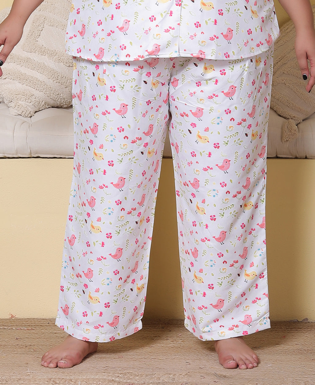 White Bird & Floral Printed Japanese Blend Cotton Plussize Nightsuit Set by Ameerah