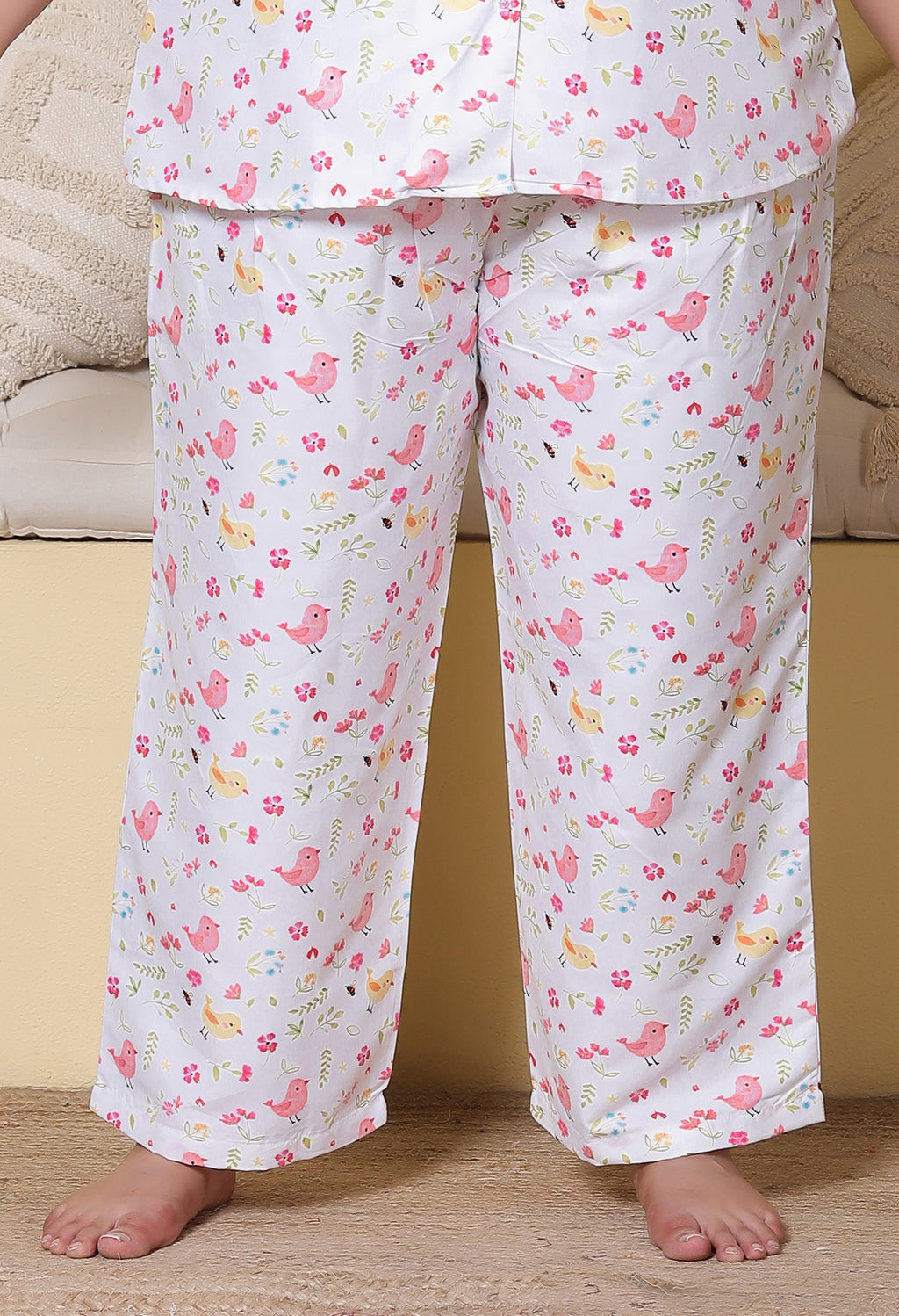 White Bird & Floral Printed Japanese Blend Cotton Plussize Nightsuit Set by Ameerah