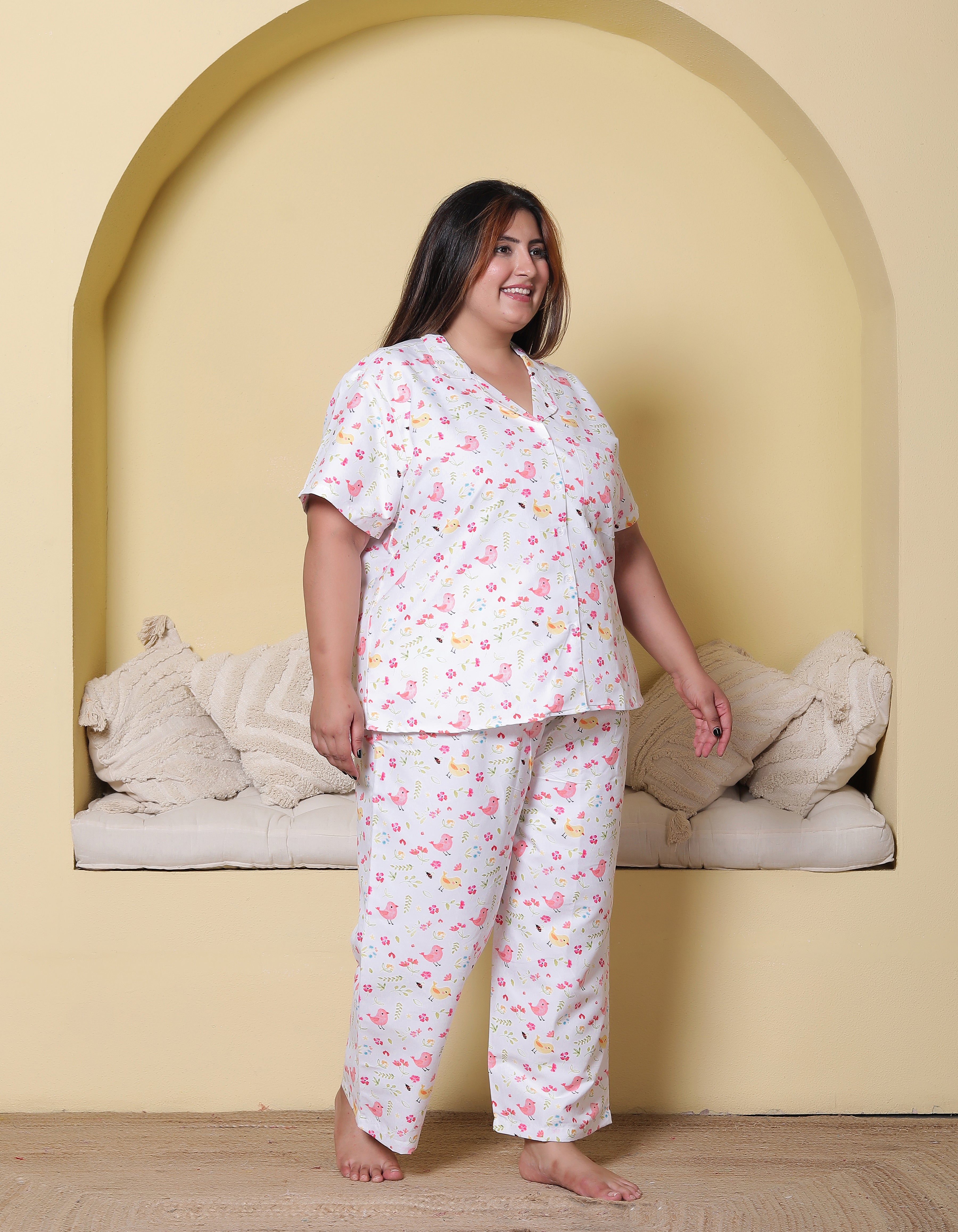 White Bird & Floral Printed Japanese Blend Cotton Plussize Nightsuit Set by Ameerah