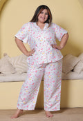 White Bird & Floral Printed Japanese Blend Cotton Plussize Nightsuit Set by Ameerah