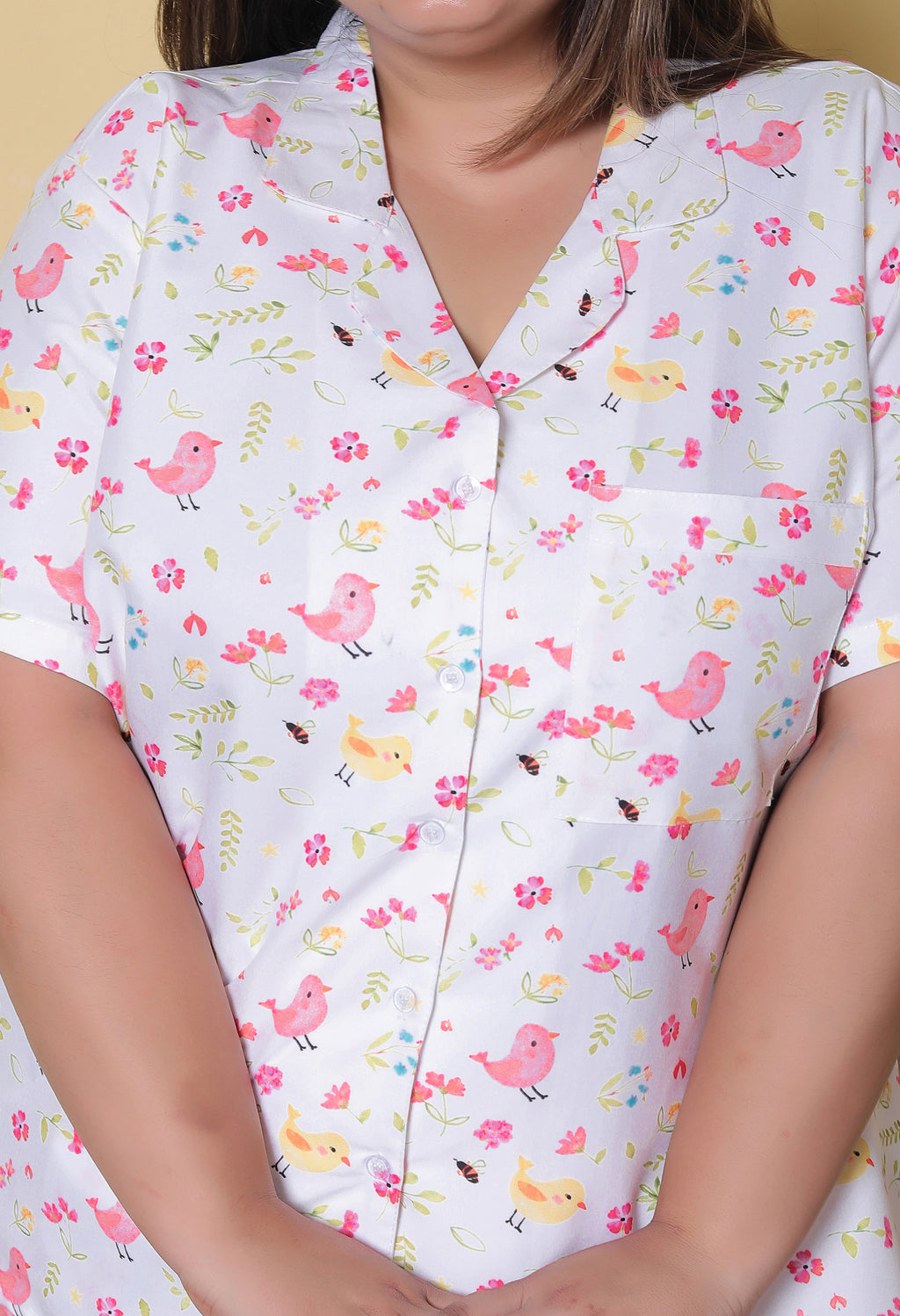 White Bird & Floral Printed Japanese Blend Cotton Plussize Nightsuit Set by Ameerah