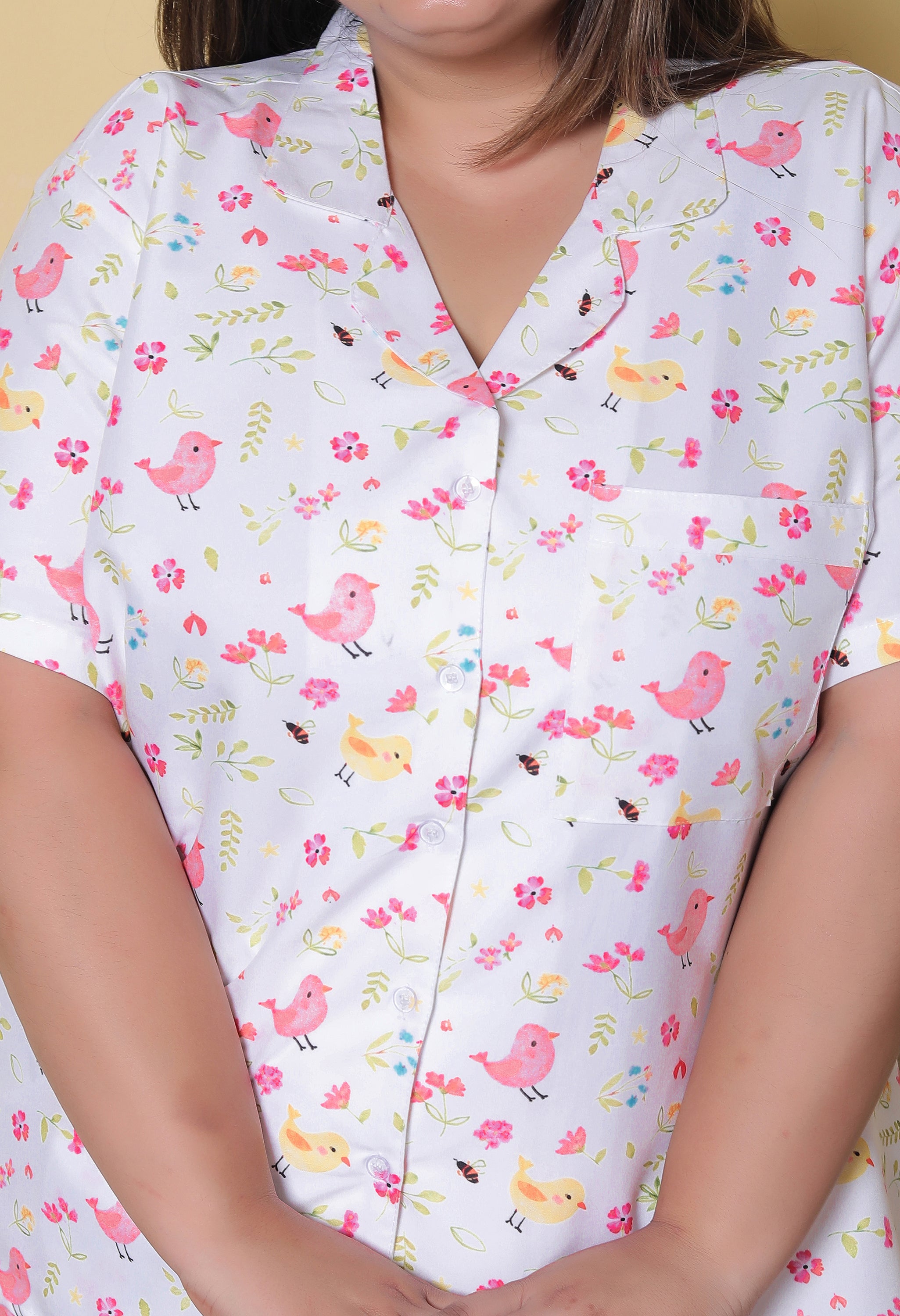 White Bird & Floral Printed Japanese Blend Cotton Plussize Nightsuit Set by Ameerah