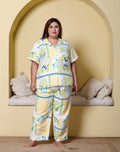 White Yellow Geometric Printed Japanese Blend Cotton Plussize Nightsuit Set by Ameerah