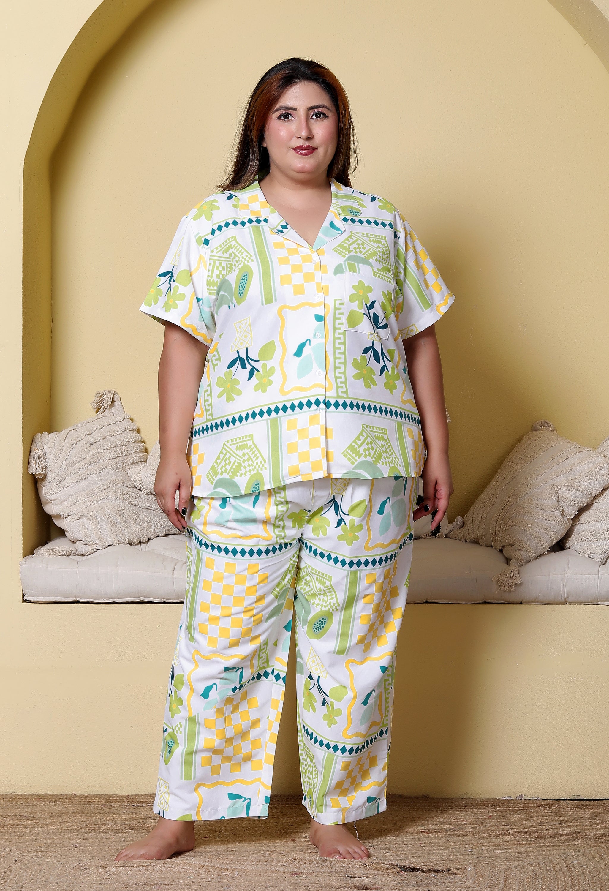 White Yellow Geometric Printed Japanese Blend Cotton Plussize Nightsuit Set by Ameerah
